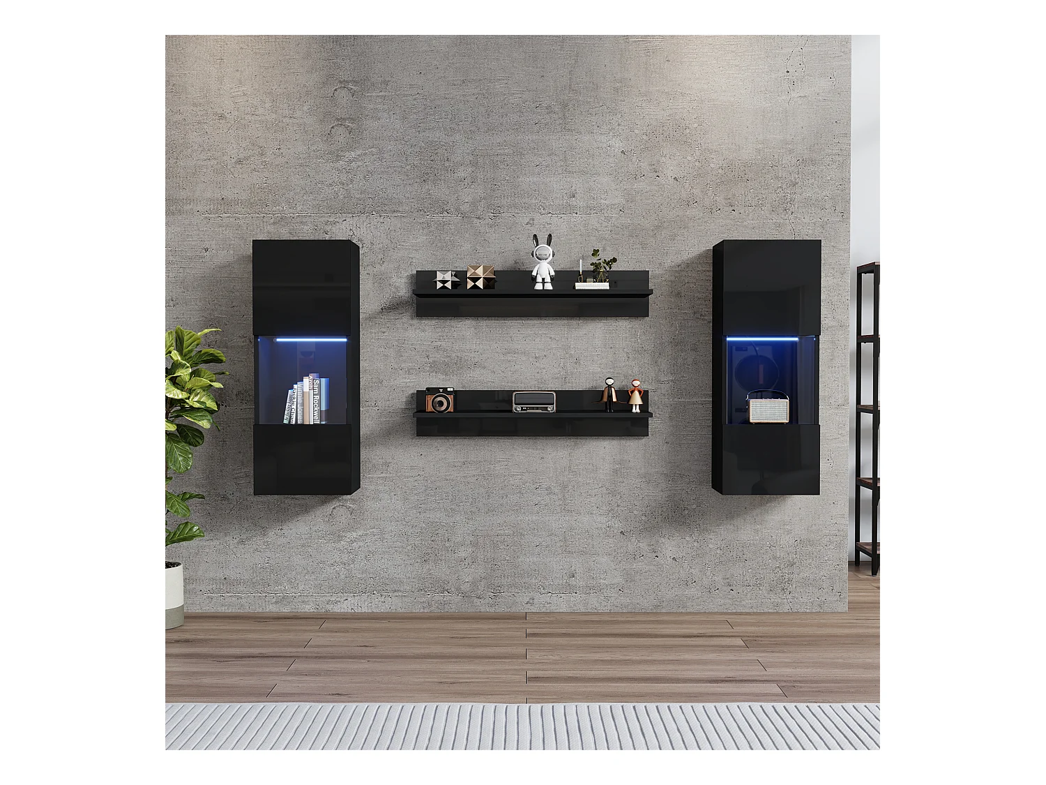 Hängende Vitrine - mit 2 Regalböden - mit LED-Beleuchtung - 2 Sicherheitsglas-Türen - schwarz