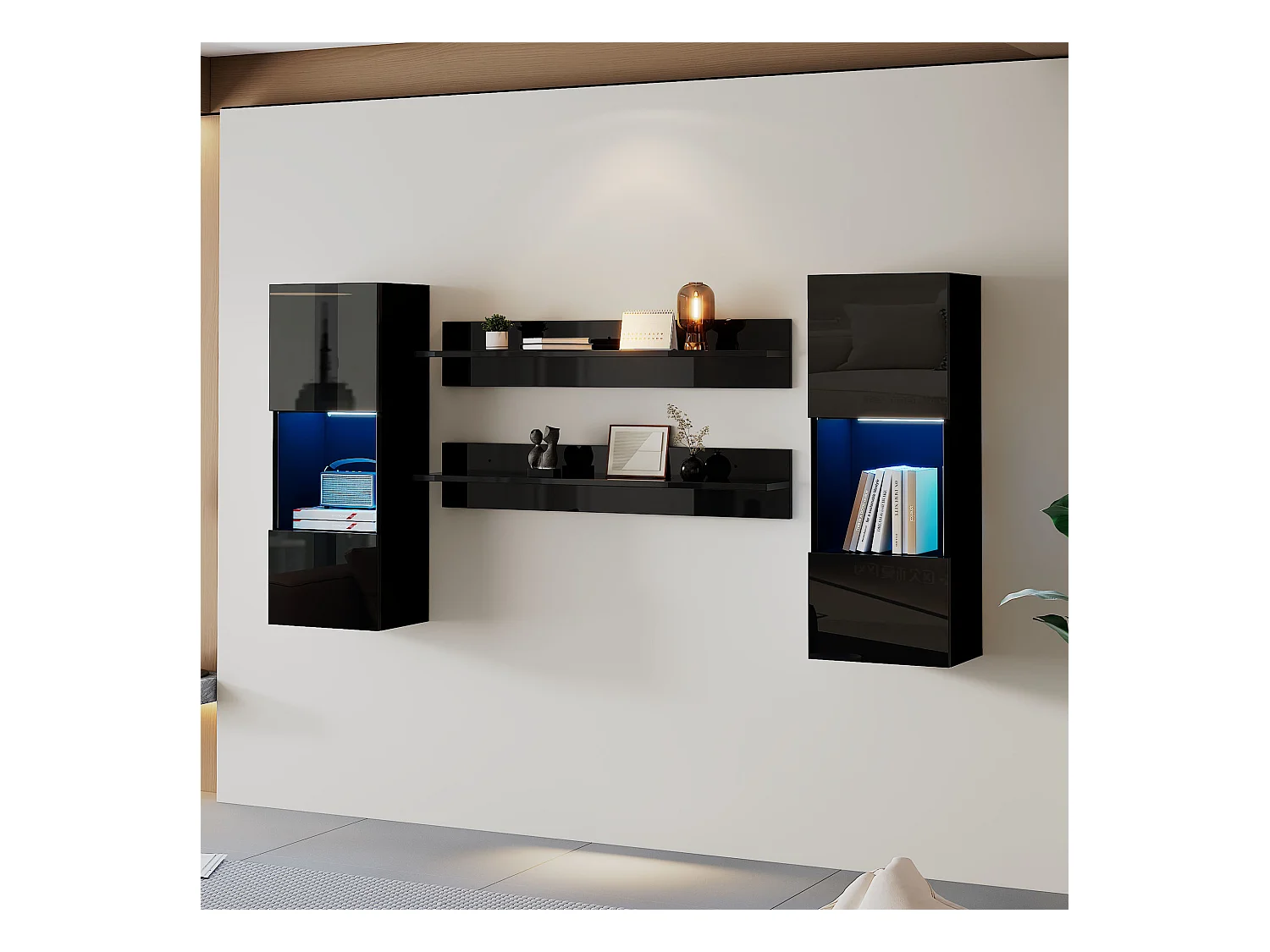 Hängende Vitrine - mit 2 Regalböden - mit LED-Beleuchtung - 2 Sicherheitsglas-Türen - schwarz