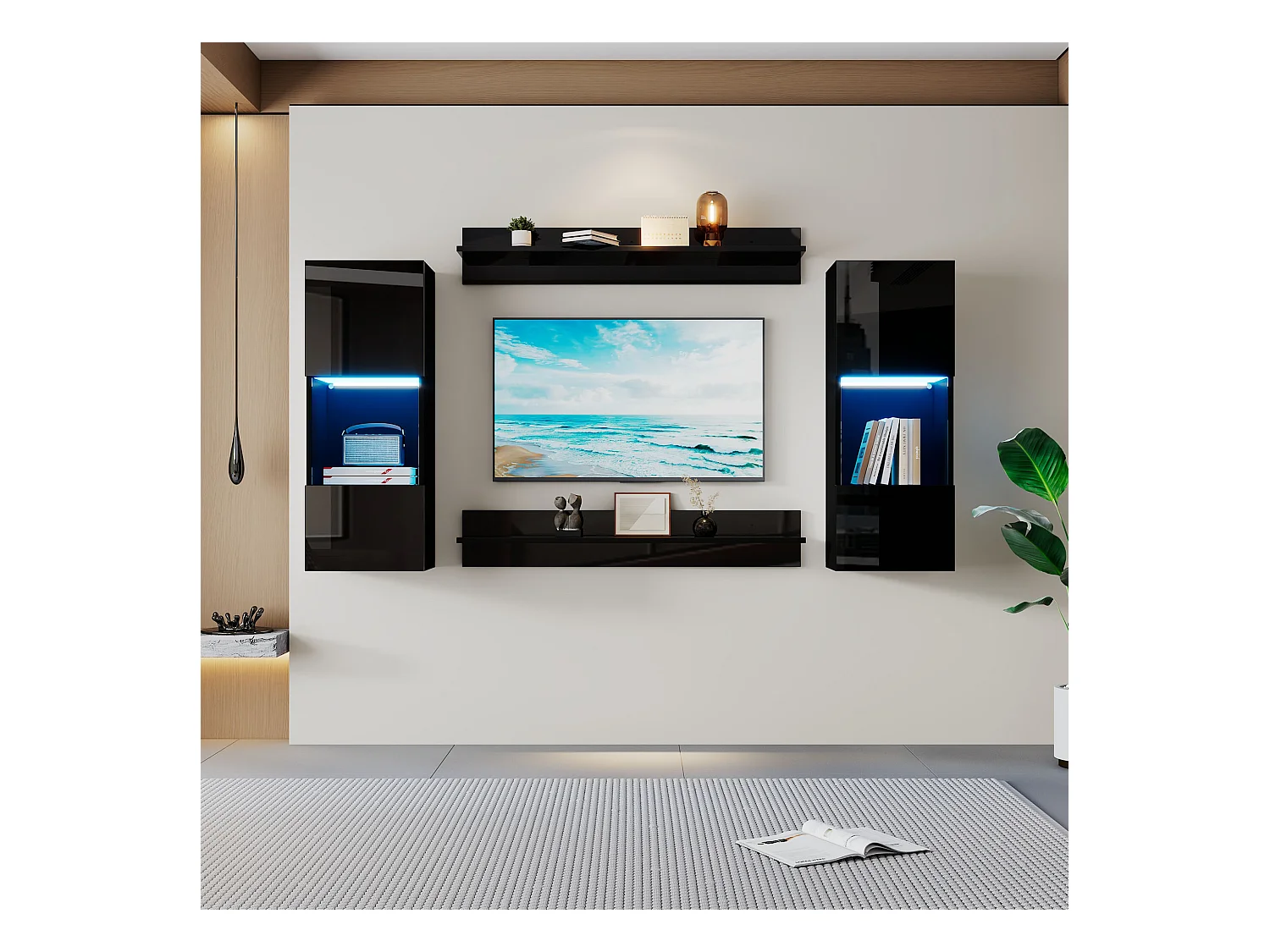 Hängende Vitrine - mit 2 Regalböden - mit LED-Beleuchtung - 2 Sicherheitsglas-Türen - schwarz