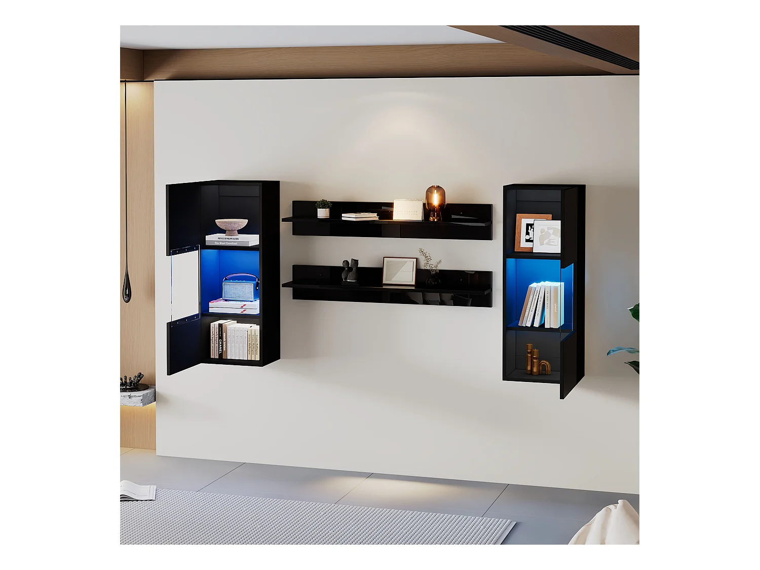 Hängende Vitrine - mit 2 Regalböden - mit LED-Beleuchtung - 2 Sicherheitsglas-Türen - schwarz