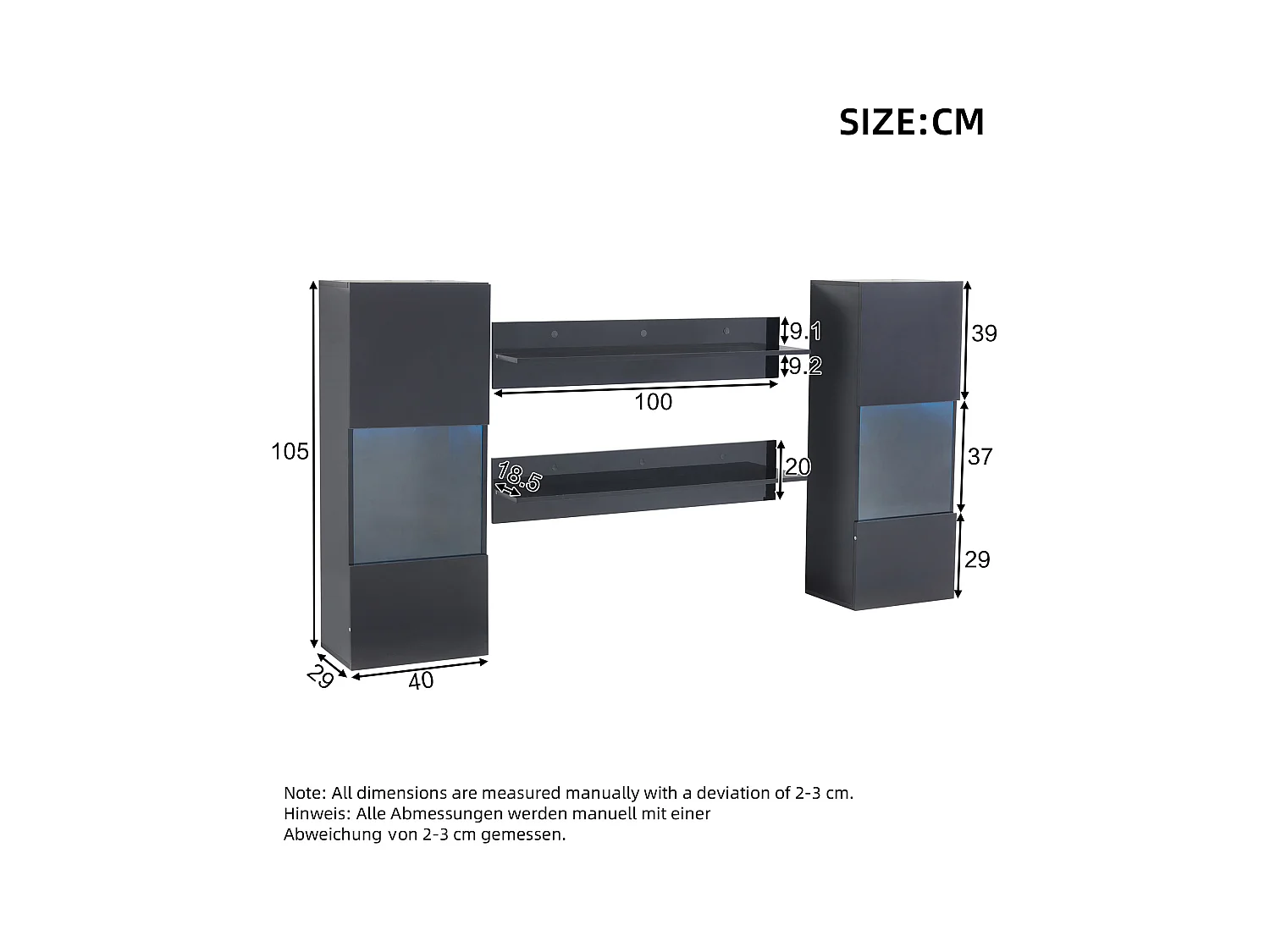 Hängende Vitrine - mit 2 Regalböden - mit LED-Beleuchtung - 2 Sicherheitsglas-Türen - schwarz