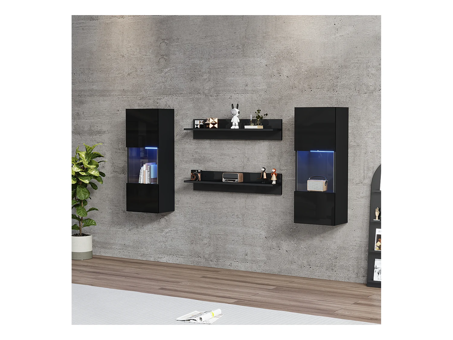 Hängende Vitrine - mit 2 Regalböden - mit LED-Beleuchtung - 2 Sicherheitsglas-Türen - schwarz