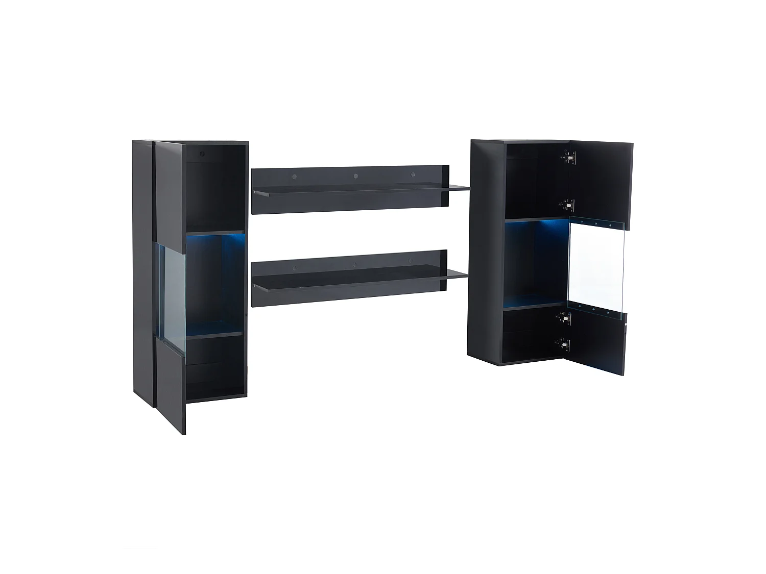 Hängende Vitrine - mit 2 Regalböden - mit LED-Beleuchtung - 2 Sicherheitsglas-Türen - schwarz