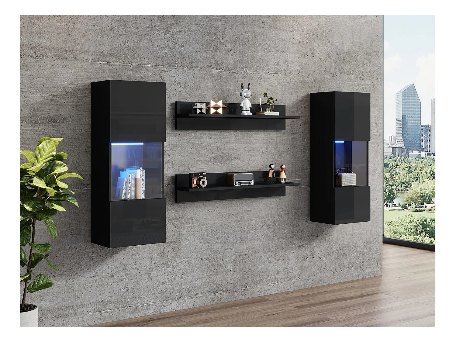 Vitrine suspendue - avec 2 étagères - avec éclairage LED - 2 portes en verre trempé - Noir