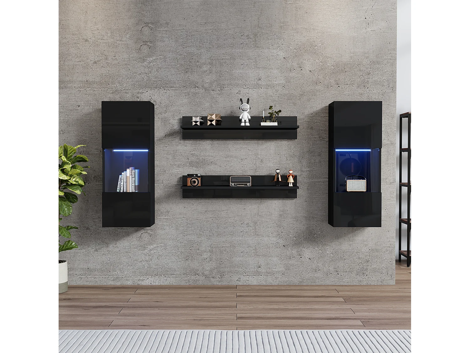 Vitrine suspendue - avec 2 étagères - avec éclairage LED - 2 portes en verre trempé - Noir