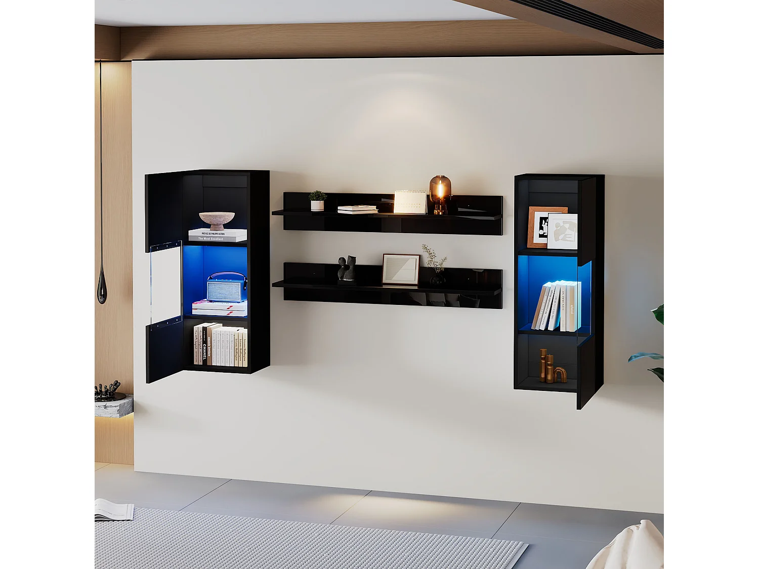 Vitrine suspendue - avec 2 étagères - avec éclairage LED - 2 portes en verre trempé - Noir