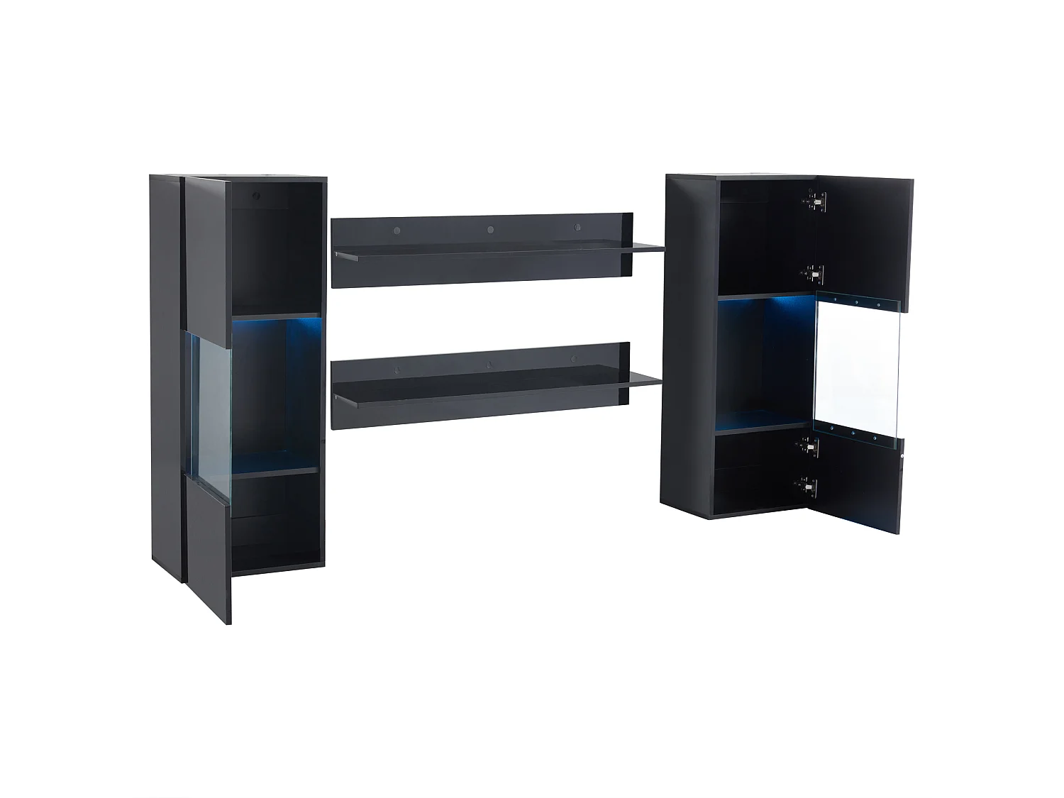 Vitrine suspendue - avec 2 étagères - avec éclairage LED - 2 portes en verre trempé - Noir