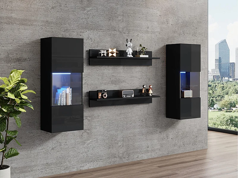 Vitrine suspendue - avec 2 étagères - avec éclairage LED - 2 portes en verre trempé - Noir