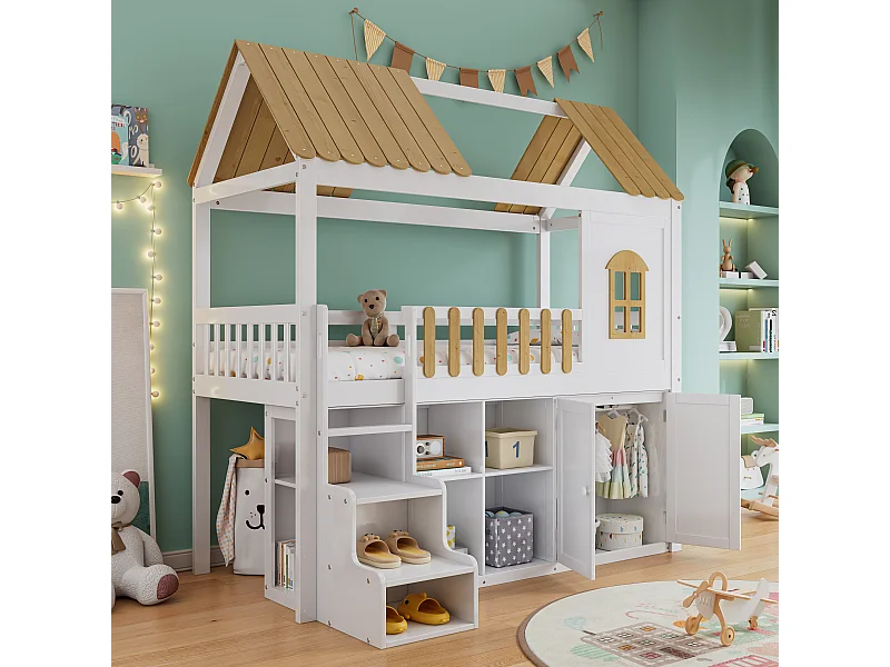 Stapelbed met opbergruimte, kinderbed met huismotief, kledingkast en open planken, met 3-traps ladder en ramen, MDF + grenen, wit + naturel, (206x97x221 cm)