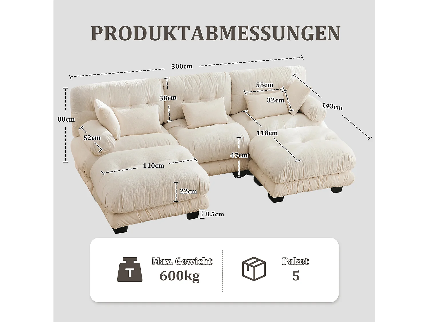 Wygodna sofa modułowa 5-osobowa - 300 x 143 x 80 cm - z 5 poduszkami - welur - beż