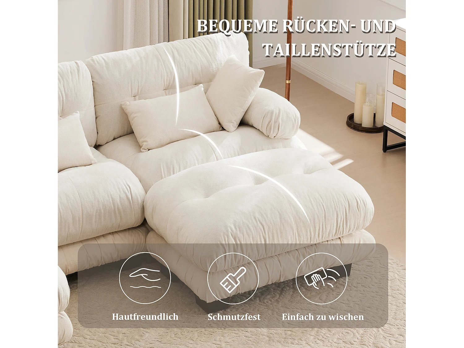 Wygodna sofa modułowa 5-osobowa - 300 x 143 x 80 cm - z 5 poduszkami - welur - beż