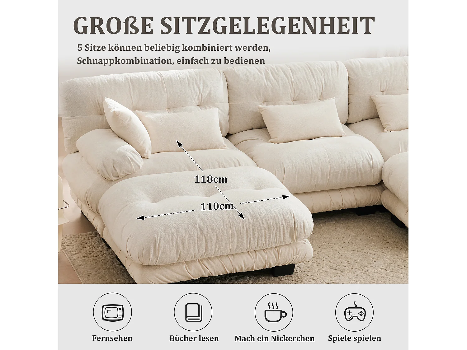 Wygodna sofa modułowa 5-osobowa - 300 x 143 x 80 cm - z 5 poduszkami - welur - beż