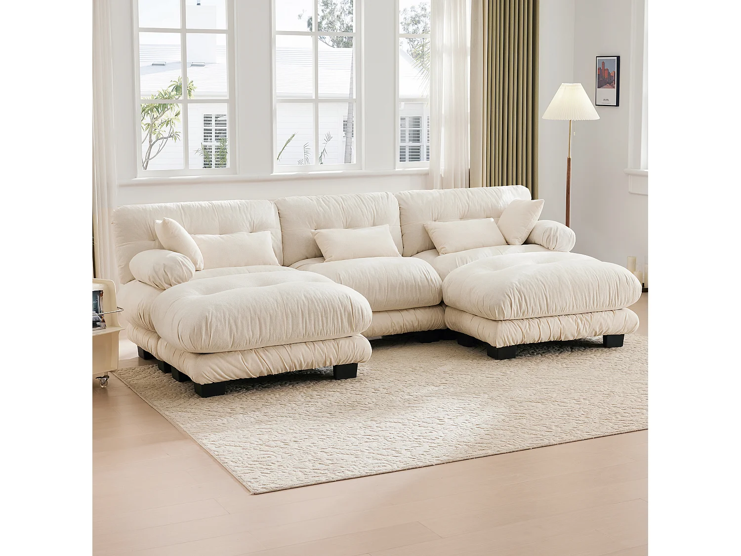 Wygodna sofa modułowa 5-osobowa - 300 x 143 x 80 cm - z 5 poduszkami - welur - beż