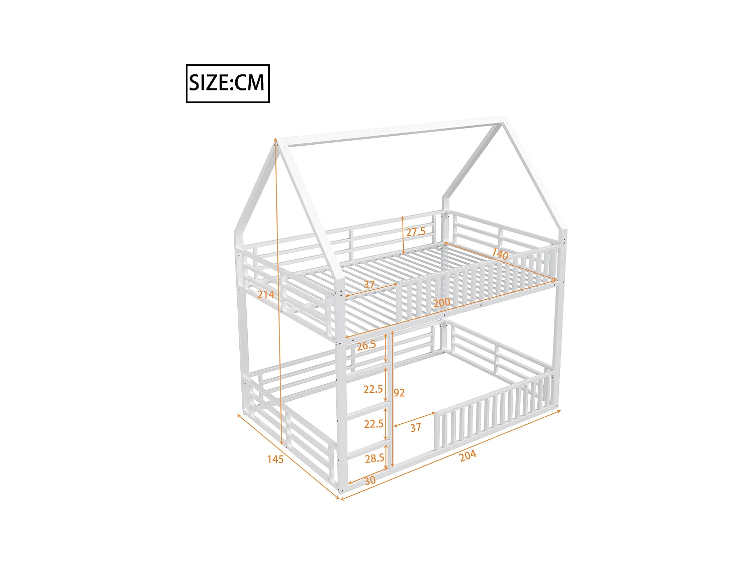 Łóżko piętrowe dla dzieci 140×200 cm - design w kształcie domku - z barierką i oświetleniem LED - białe (bez materaca)