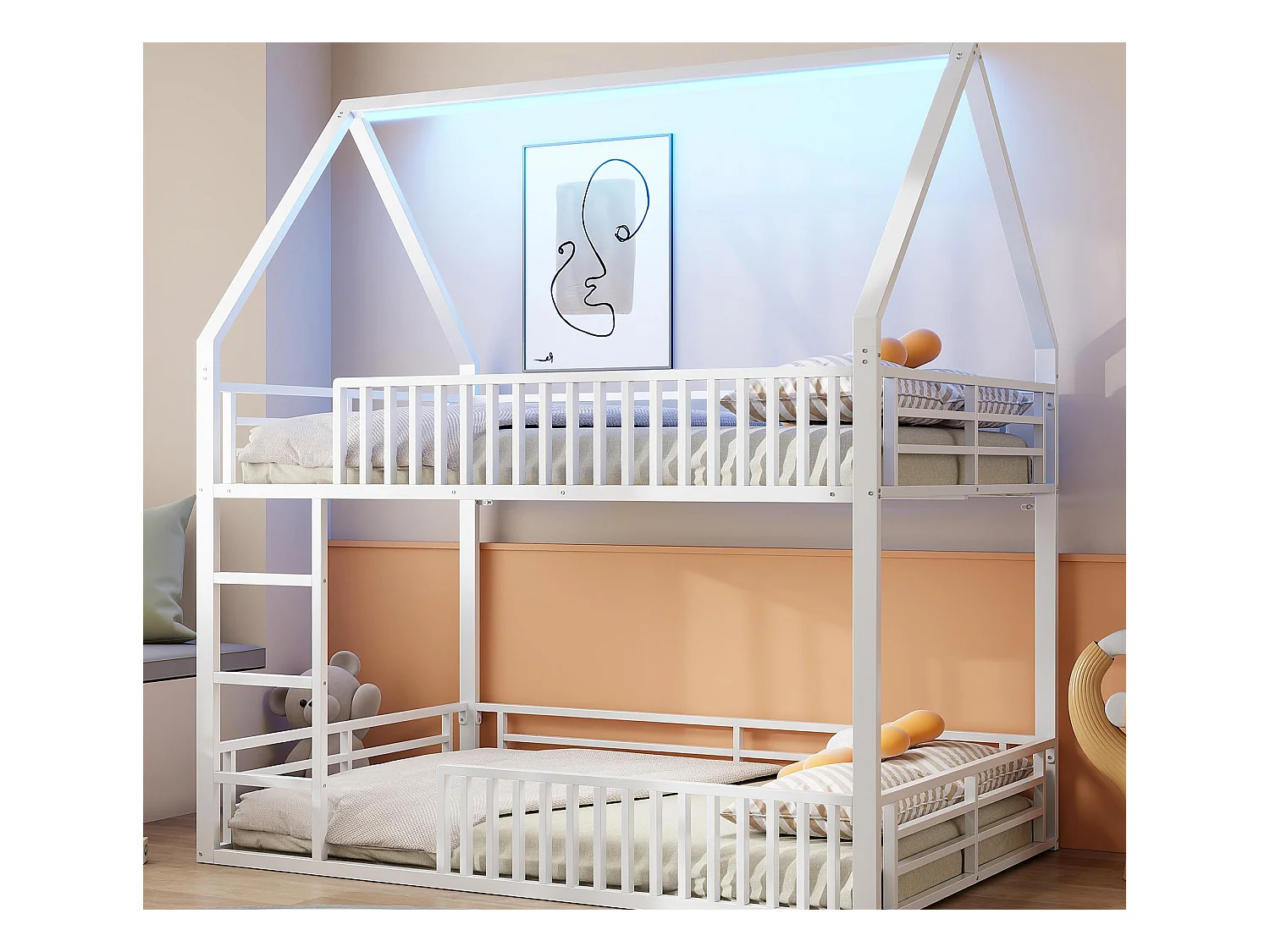 Lit superposé enfant 140 x 200 cm - design en forme de maison - avec clôture et éclairage LED - Blanc (sans matelas)