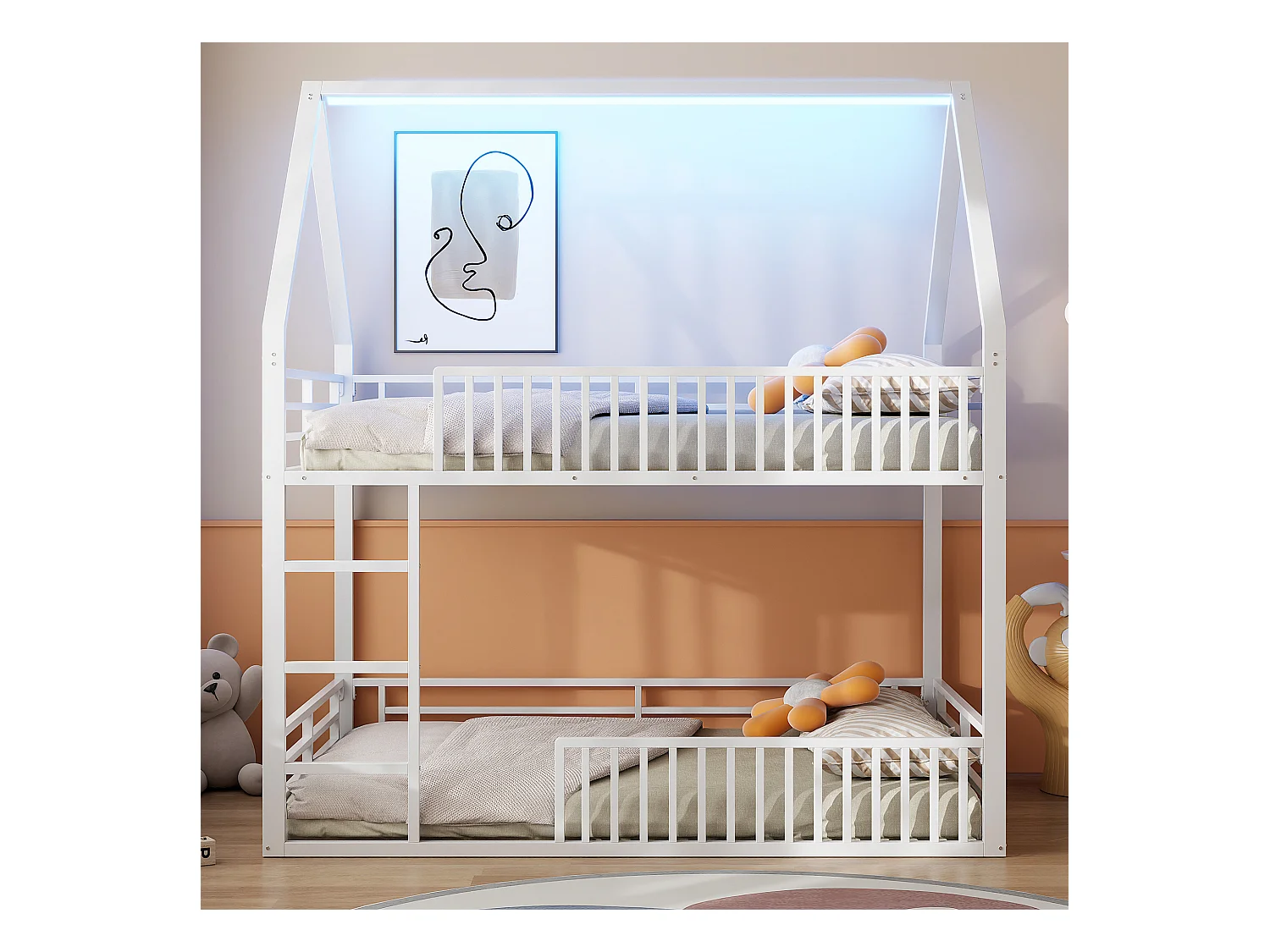 Lit superposé enfant 140 x 200 cm - design en forme de maison - avec clôture et éclairage LED - Blanc (sans matelas)