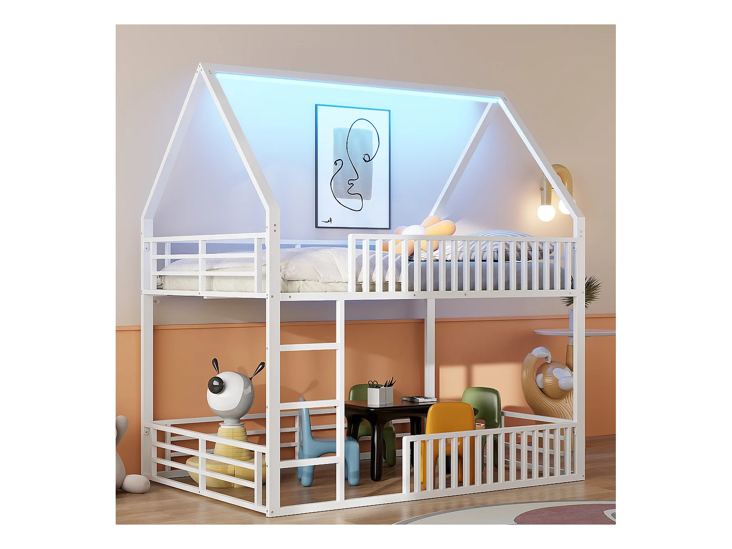 Lit superposé enfant 140 x 200 cm - design en forme de maison - avec clôture et éclairage LED - Blanc (sans matelas)
