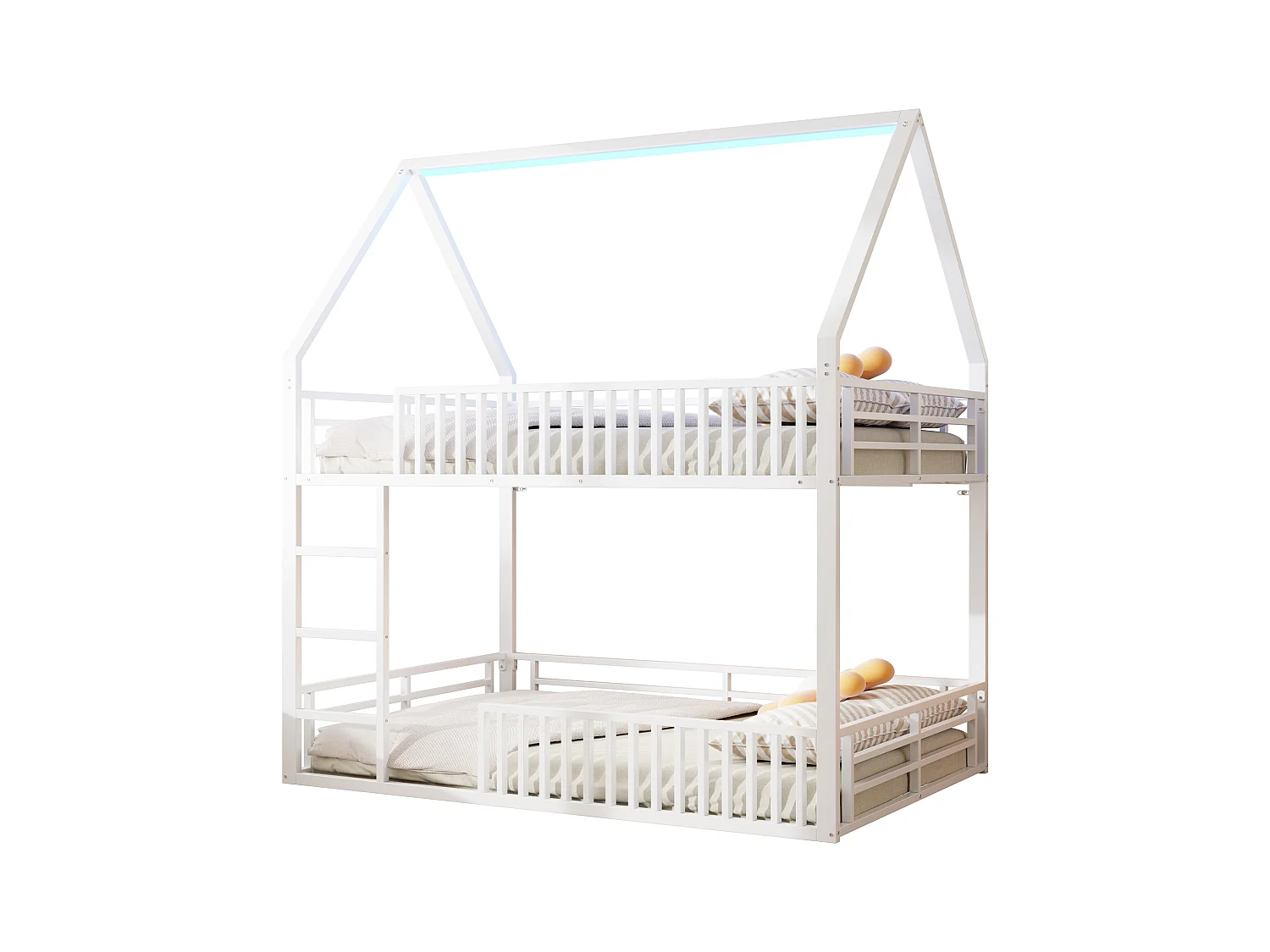 Lit superposé enfant 140 x 200 cm - design en forme de maison - avec clôture et éclairage LED - Blanc (sans matelas)