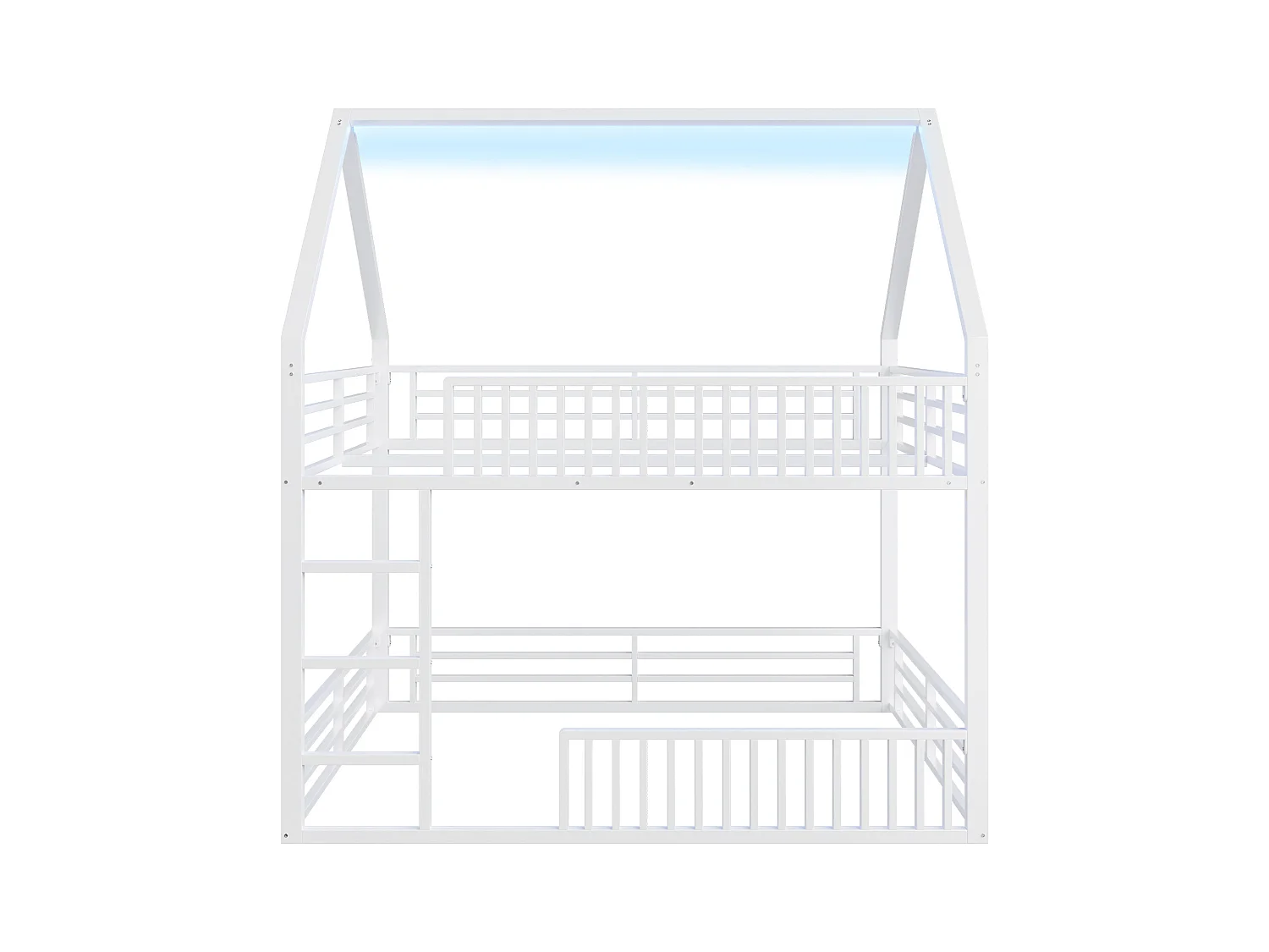 Lit superposé enfant 140 x 200 cm - design en forme de maison - avec clôture et éclairage LED - Blanc (sans matelas)