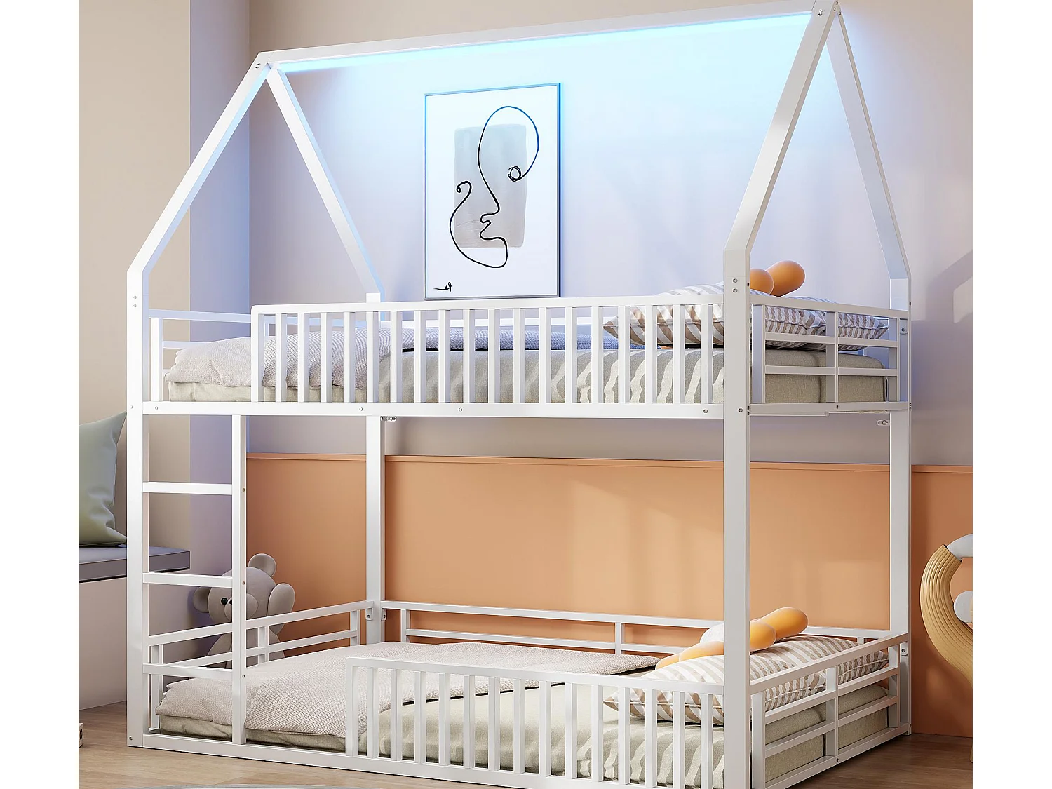 Kinder-Etagenbett 140×200 cm - Haus-Design - mit Schutzgitter und LED-Beleuchtung - weiß (ohne Matratze)