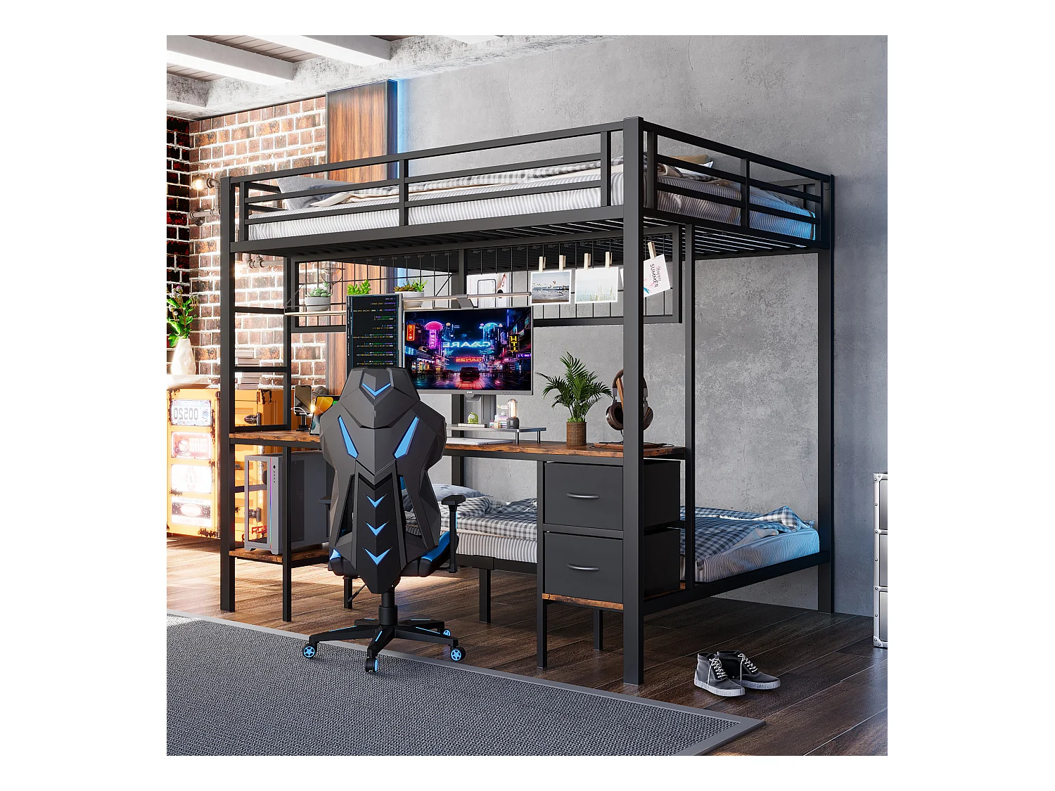 Stapelbed met bureau, lades, opbergplanken, metalen frame, 7-kleurige led, USB, wit (204x145x180 cm)