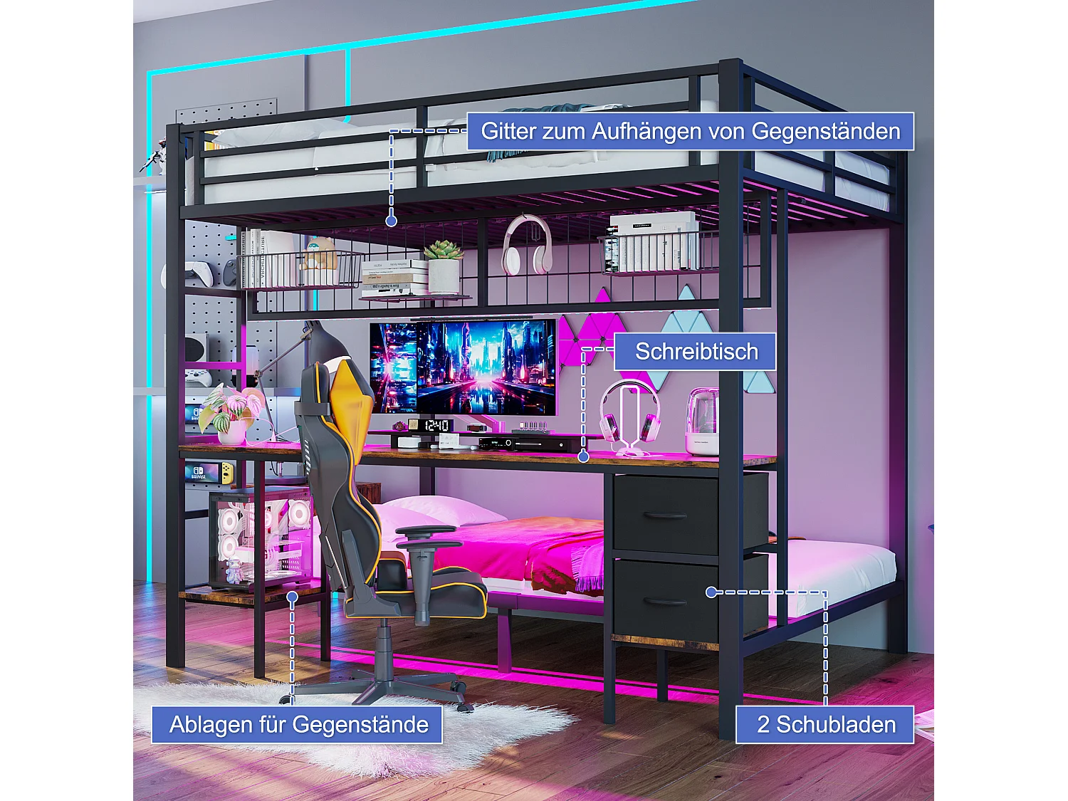 Litera con escritorio, cajones y estantes, estructura de metal, LED de 7 colores, USB, color blanco (204 x 145 x 180 cm)