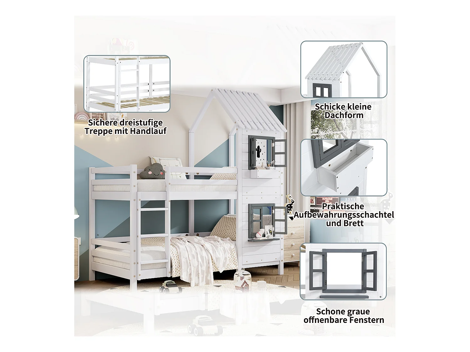 Lit superposé avec mains courantes et fenêtres, lit cabane, avec barrière de sécurité, cadre en pin, blanc (90x200cm)
