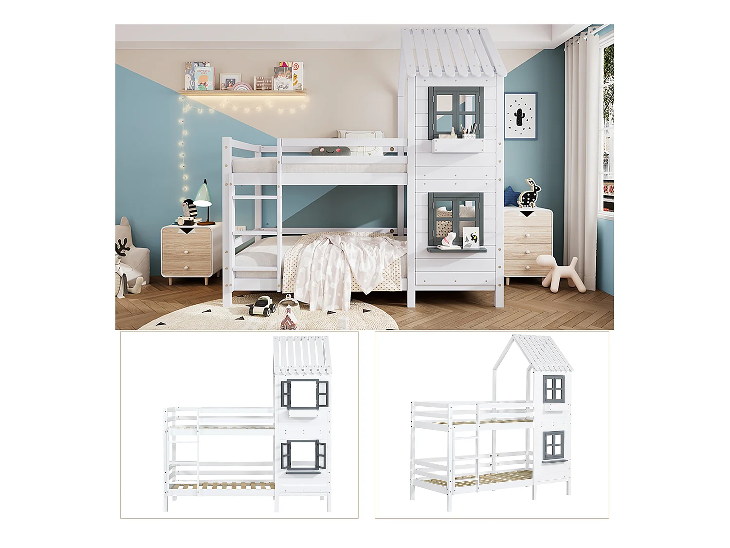 Lit superposé avec mains courantes et fenêtres, lit cabane, avec barrière de sécurité, cadre en pin, blanc (90x200cm)