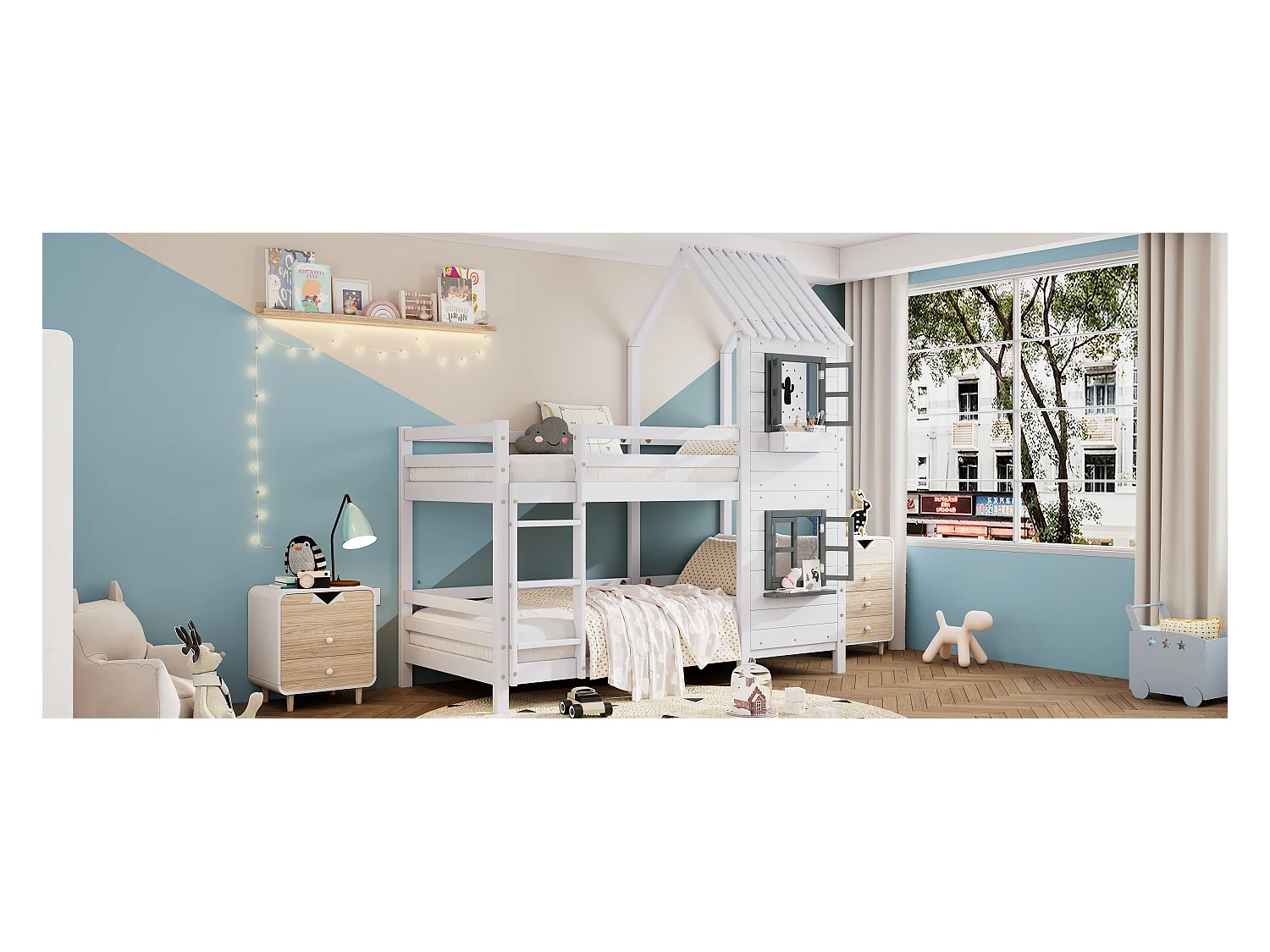 Lit superposé avec mains courantes et fenêtres, lit cabane, avec barrière de sécurité, cadre en pin, blanc (90x200cm)