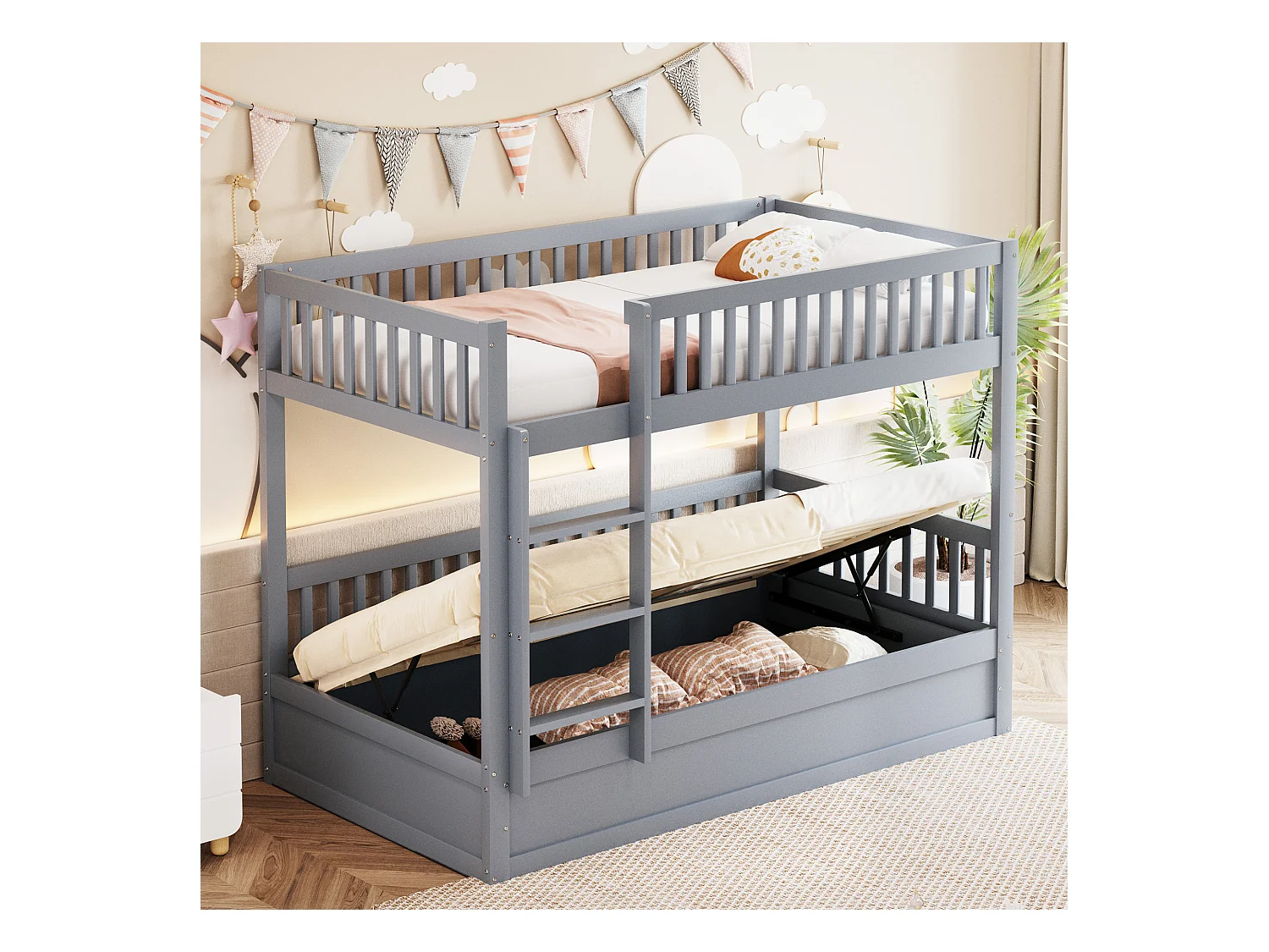 Litera infantil de 90 x 200 cm, con sistema de almacenaje hidráulico, madera maciza, gris (205 x 95 x 150 cm)