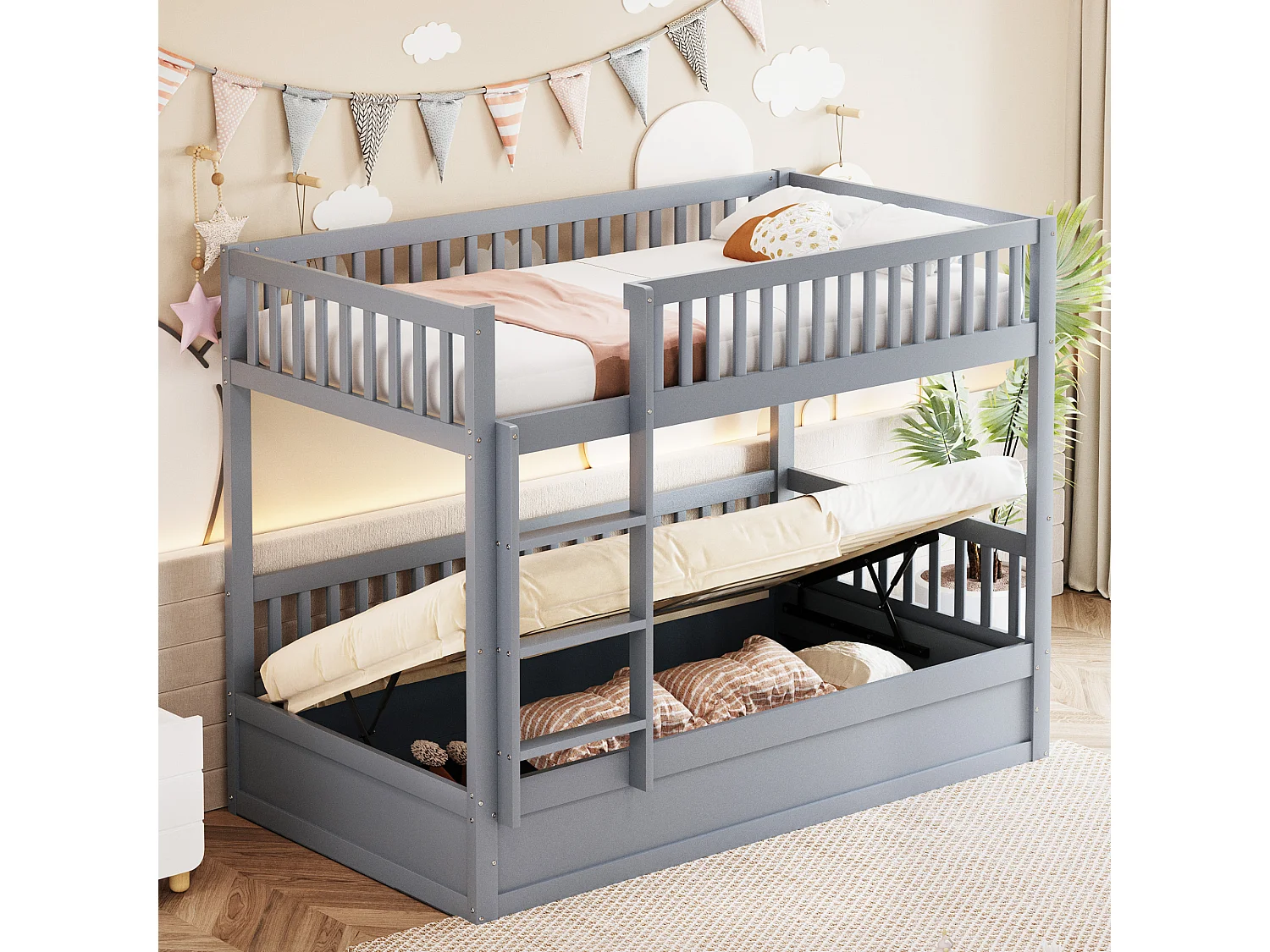 Litera infantil de 90 x 200 cm, con sistema de almacenaje hidráulico, madera maciza, gris (205 x 95 x 150 cm)