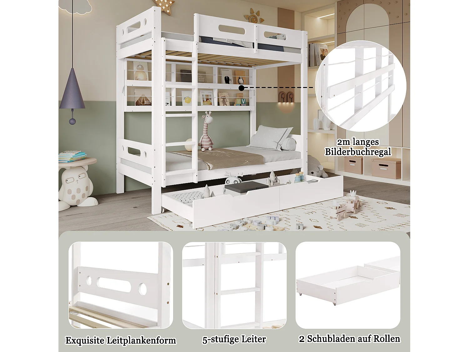 Stapelbed met leuning, lades op wieltjes, open planken en ladder met vijf treden, massief houten frame, wit (205x99,5x175 cm)