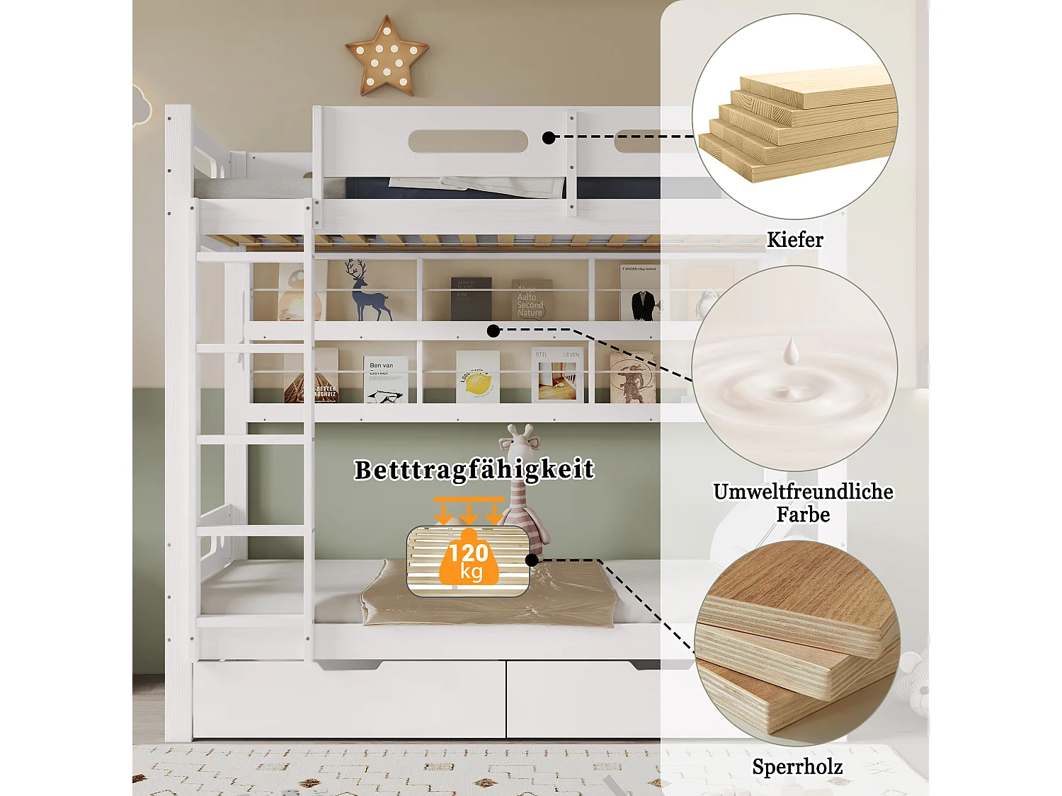 Stapelbed met leuning, lades op wieltjes, open planken en ladder met vijf treden, massief houten frame, wit (205x99,5x175 cm)