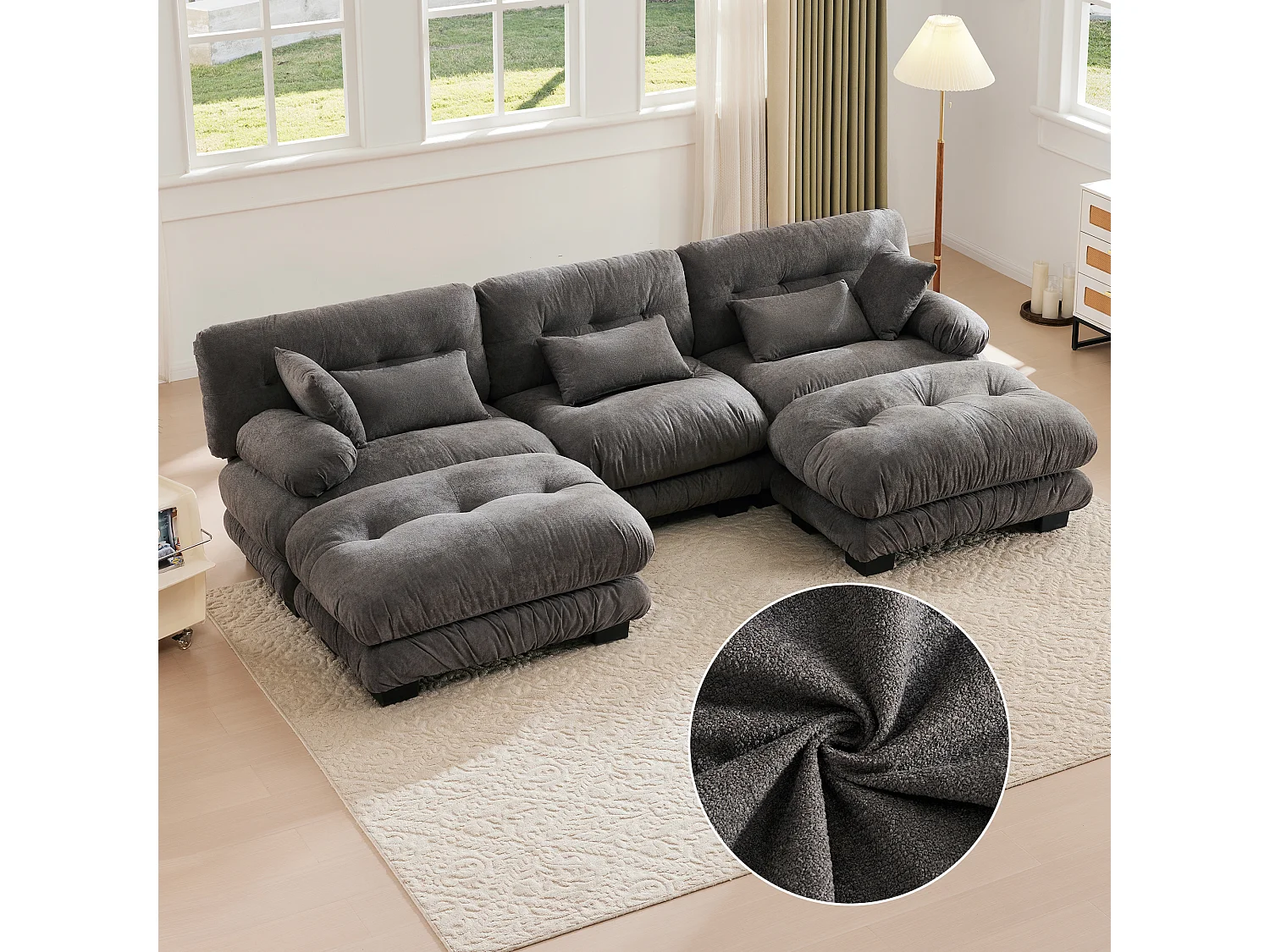 Wygodna sofa modułowa 5-osobowa - 300 x 143 x 80 cm - z 5 poduszkami - welur - szara
