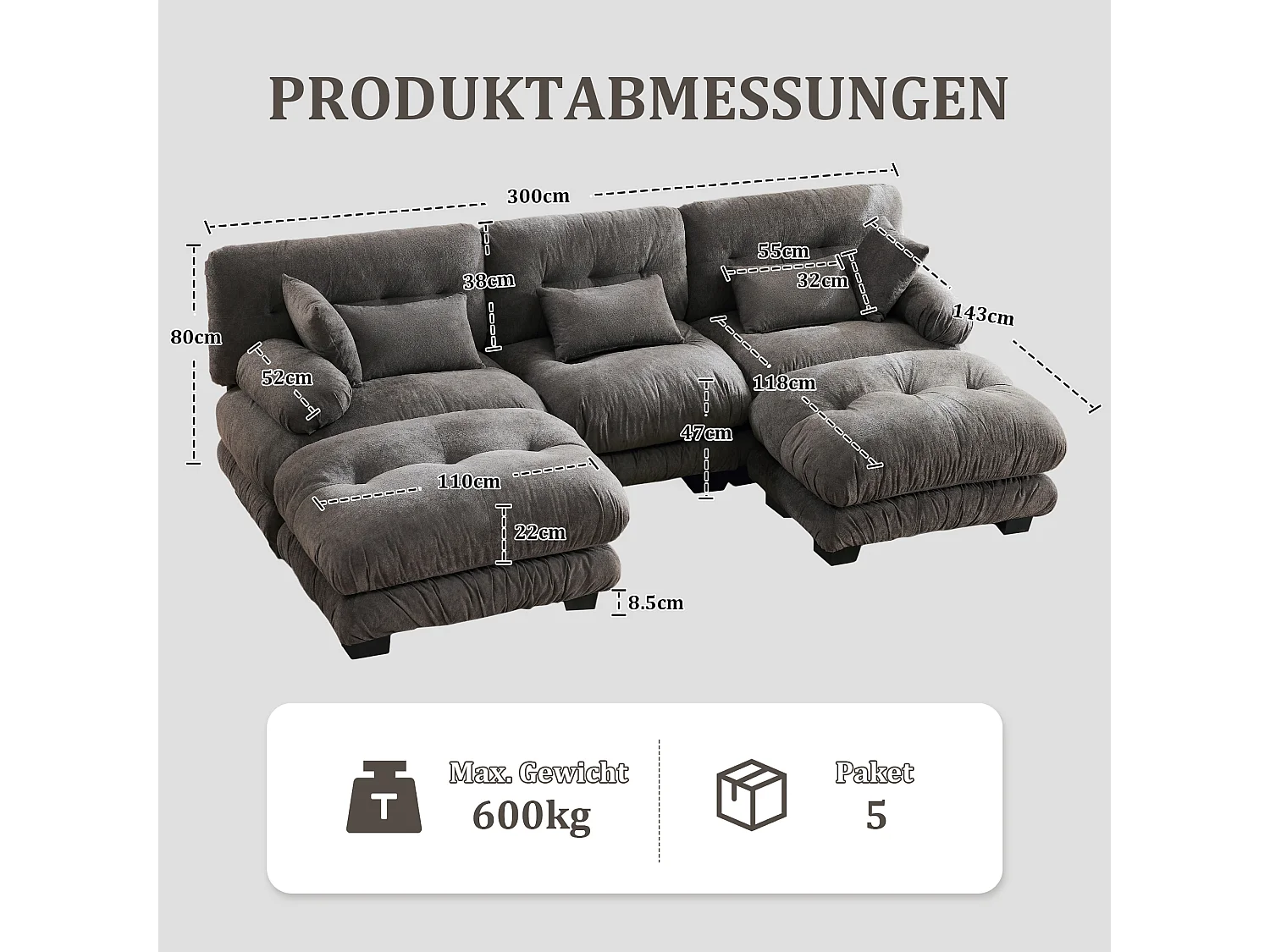 Wygodna sofa modułowa 5-osobowa - 300 x 143 x 80 cm - z 5 poduszkami - welur - szara