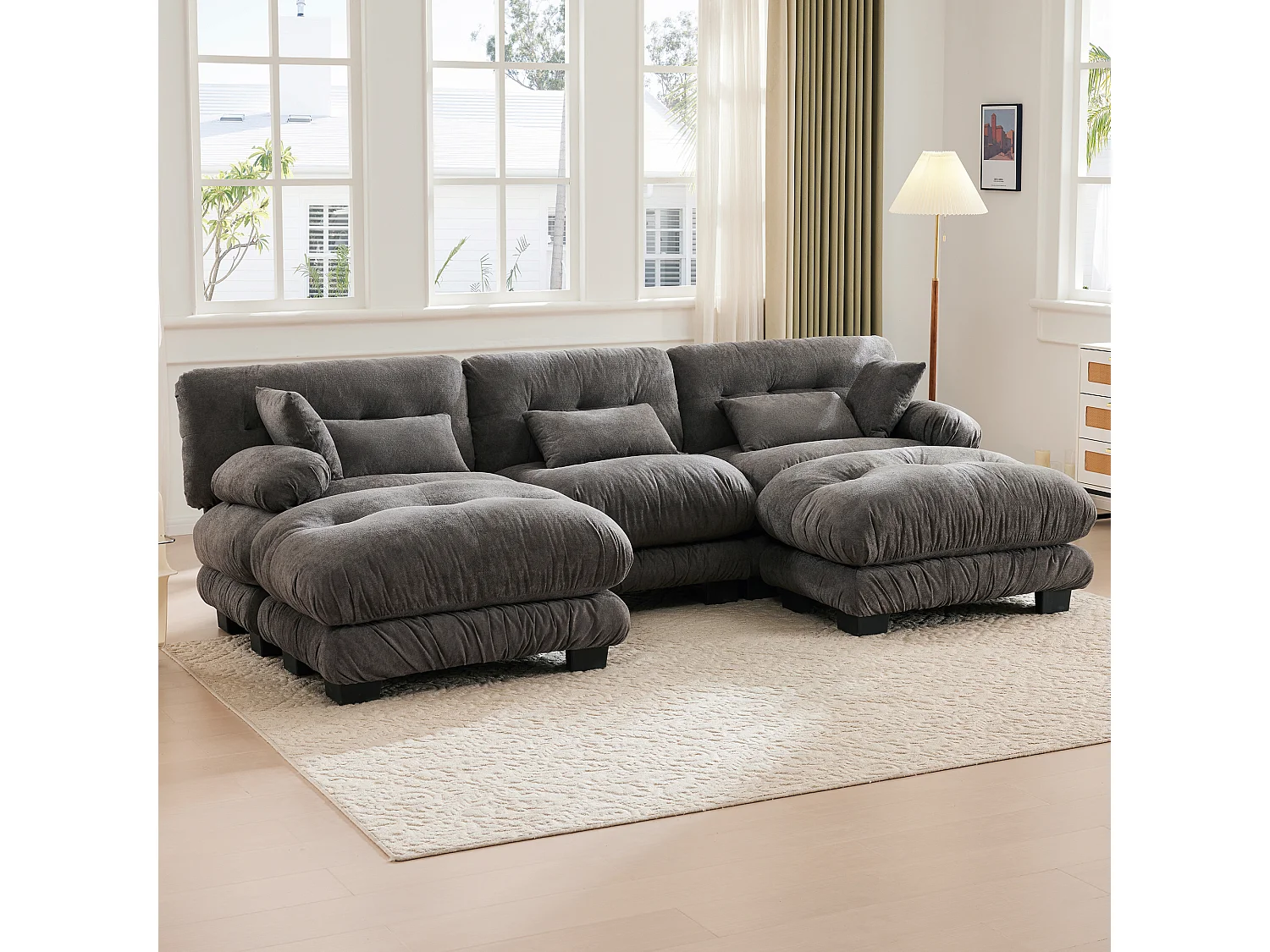 Wygodna sofa modułowa 5-osobowa - 300 x 143 x 80 cm - z 5 poduszkami - welur - szara