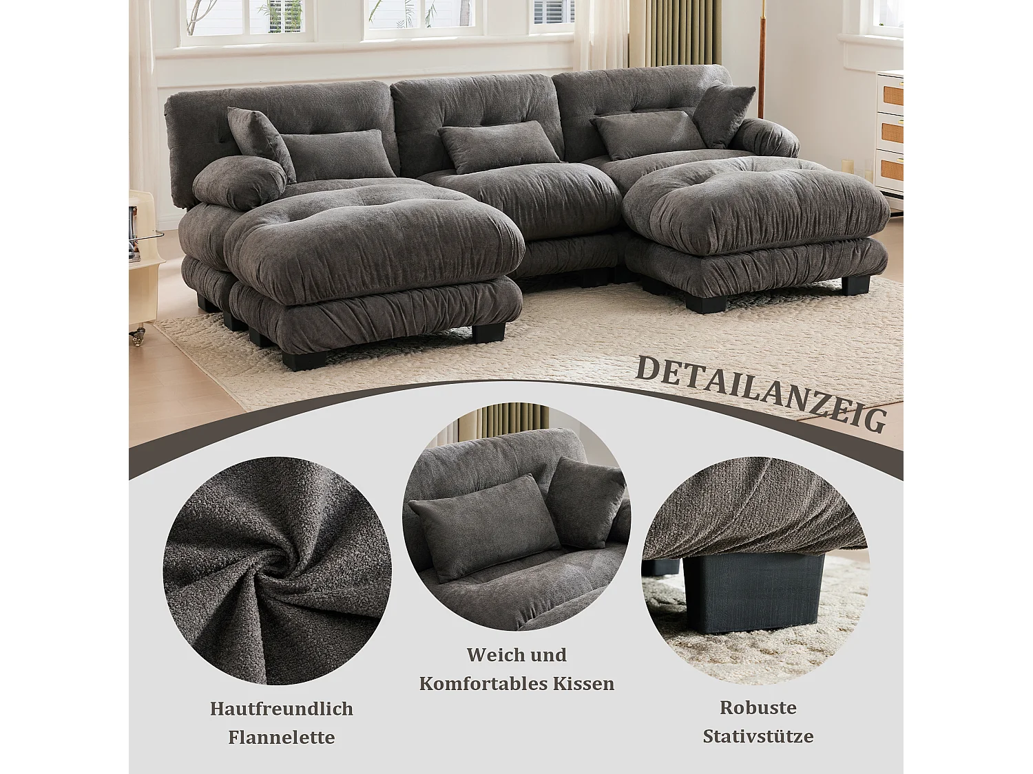Wygodna sofa modułowa 5-osobowa - 300 x 143 x 80 cm - z 5 poduszkami - welur - szara