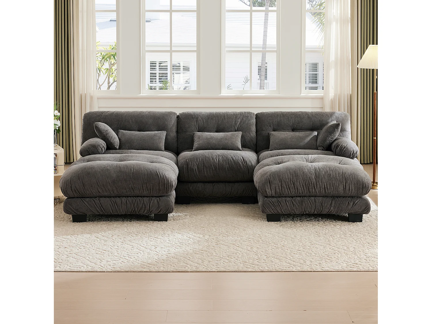 Wygodna sofa modułowa 5-osobowa - 300 x 143 x 80 cm - z 5 poduszkami - welur - szara