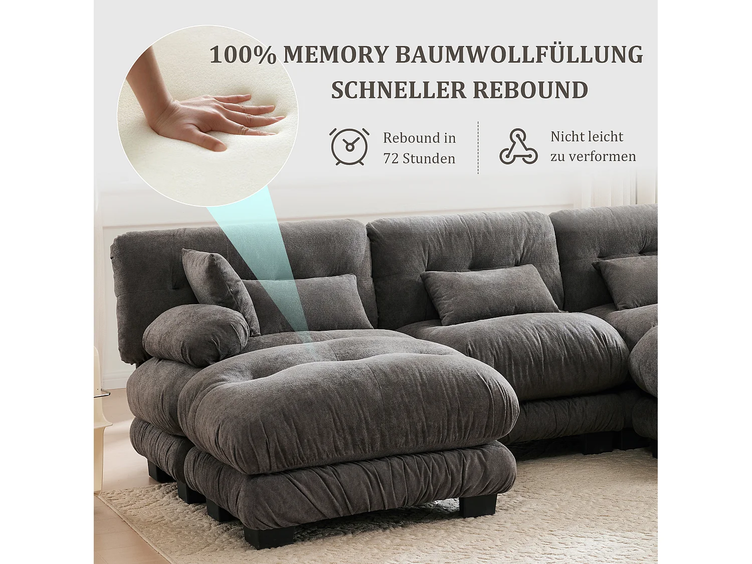 Wygodna sofa modułowa 5-osobowa - 300 x 143 x 80 cm - z 5 poduszkami - welur - szara