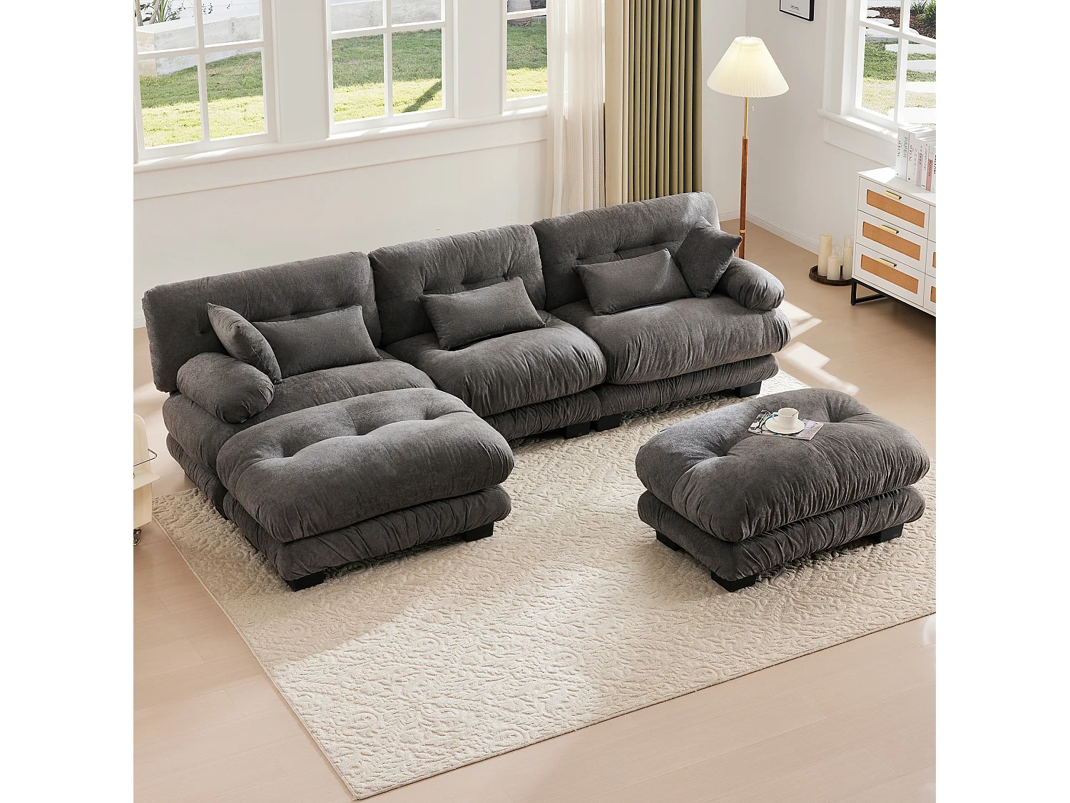 Wygodna sofa modułowa 5-osobowa - 300 x 143 x 80 cm - z 5 poduszkami - welur - szara