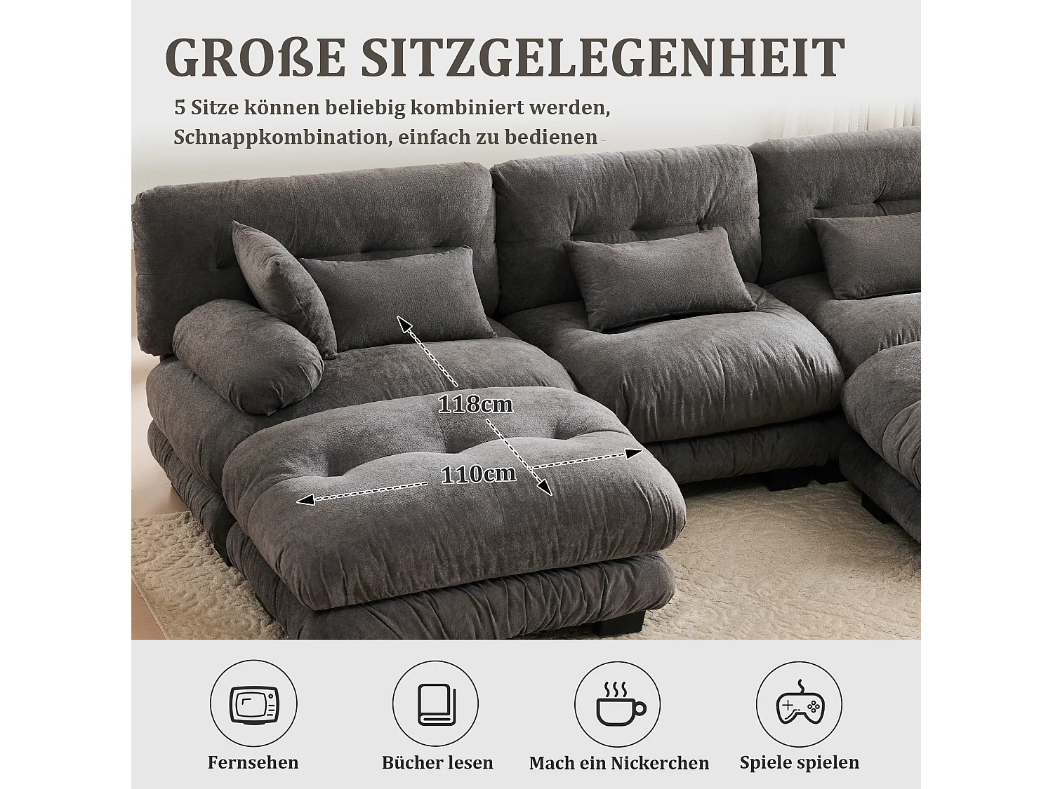 Wygodna sofa modułowa 5-osobowa - 300 x 143 x 80 cm - z 5 poduszkami - welur - szara