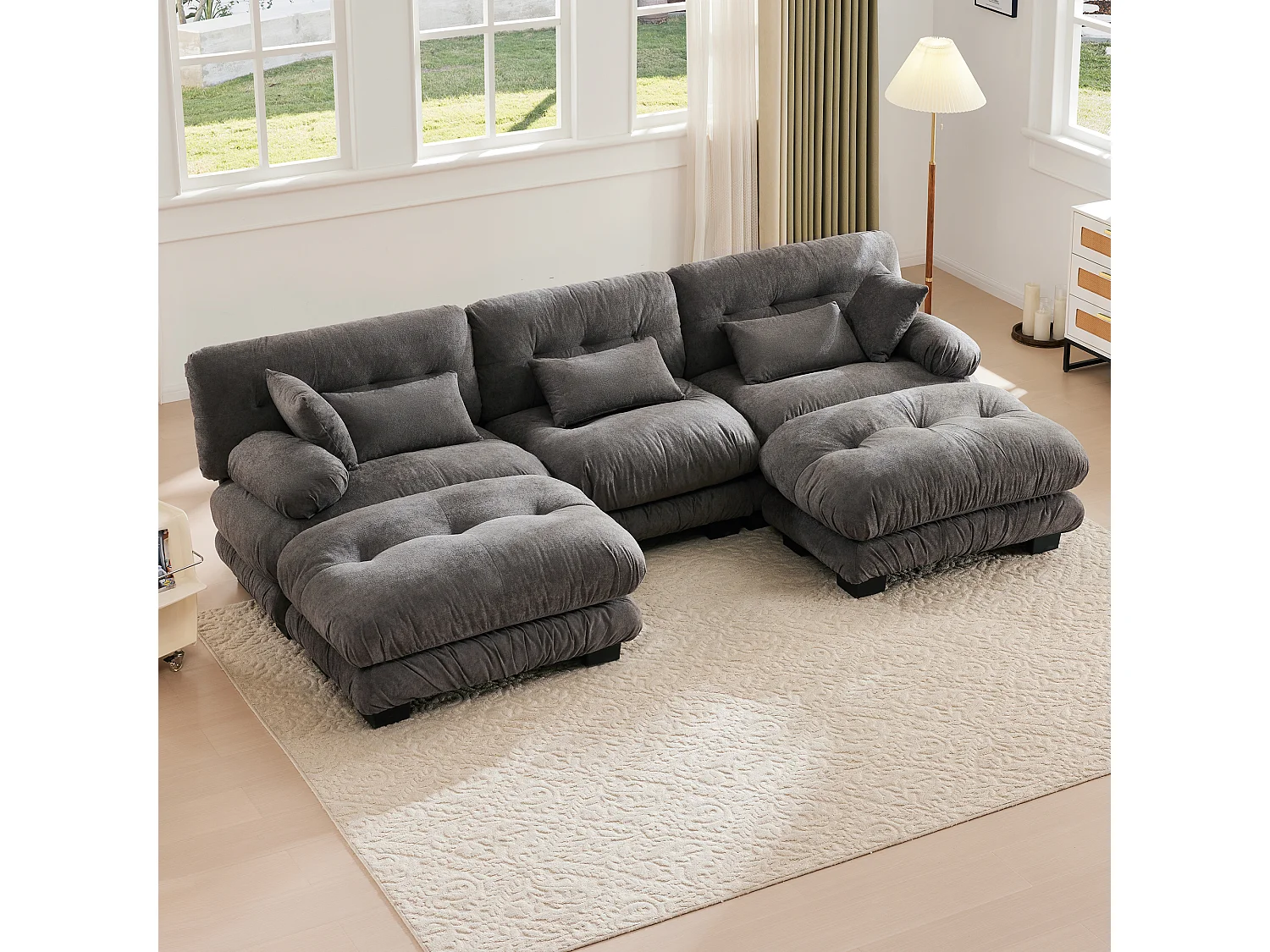 Wygodna sofa modułowa 5-osobowa - 300 x 143 x 80 cm - z 5 poduszkami - welur - szara