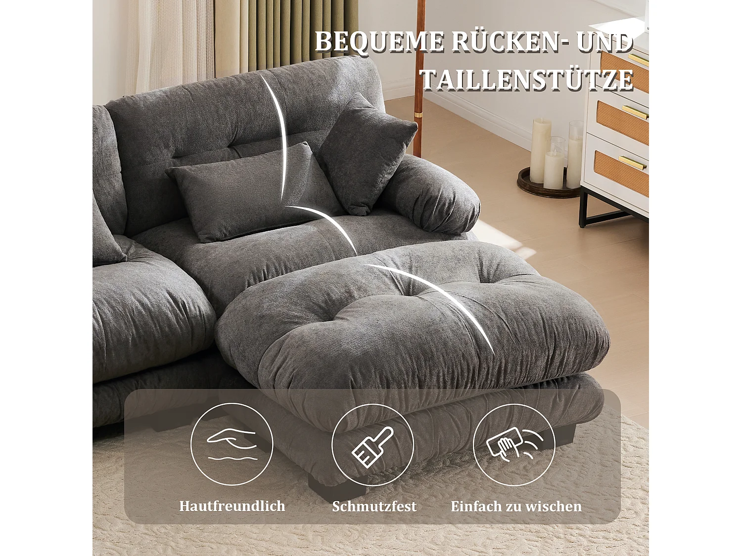 Wygodna sofa modułowa 5-osobowa - 300 x 143 x 80 cm - z 5 poduszkami - welur - szara