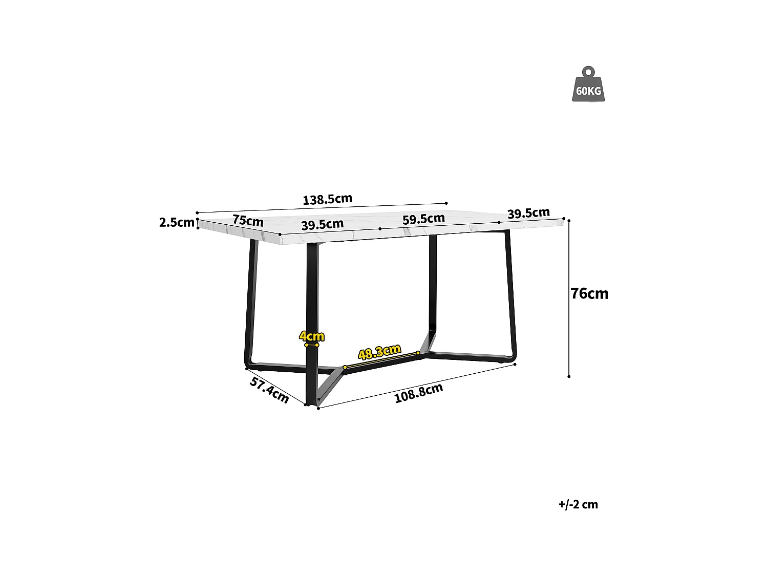 Table à manger 4 à 6 personnes - 138.5 x 75 x 76 cm - plateau en marbré - MDF + Métal - noir + blanc