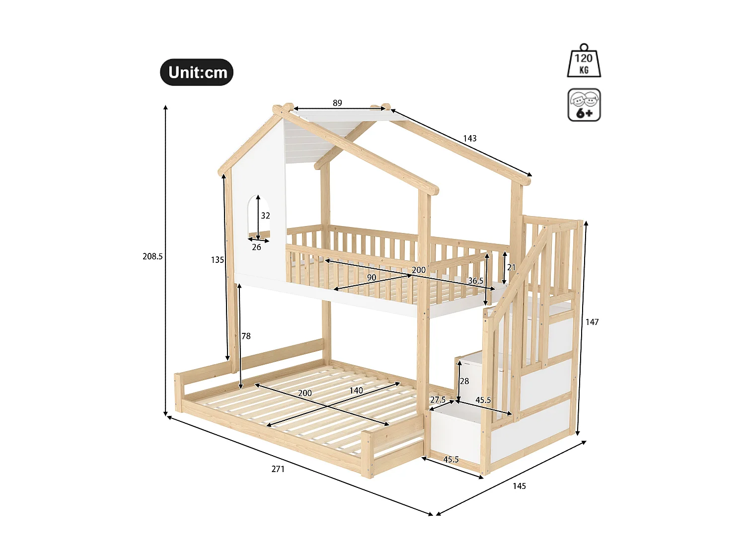 Lit superposé 90x200cm+140x200cm - Barrières de sécurité - Avec échelle de rangement - Naturel + Blanc (sans matelas)