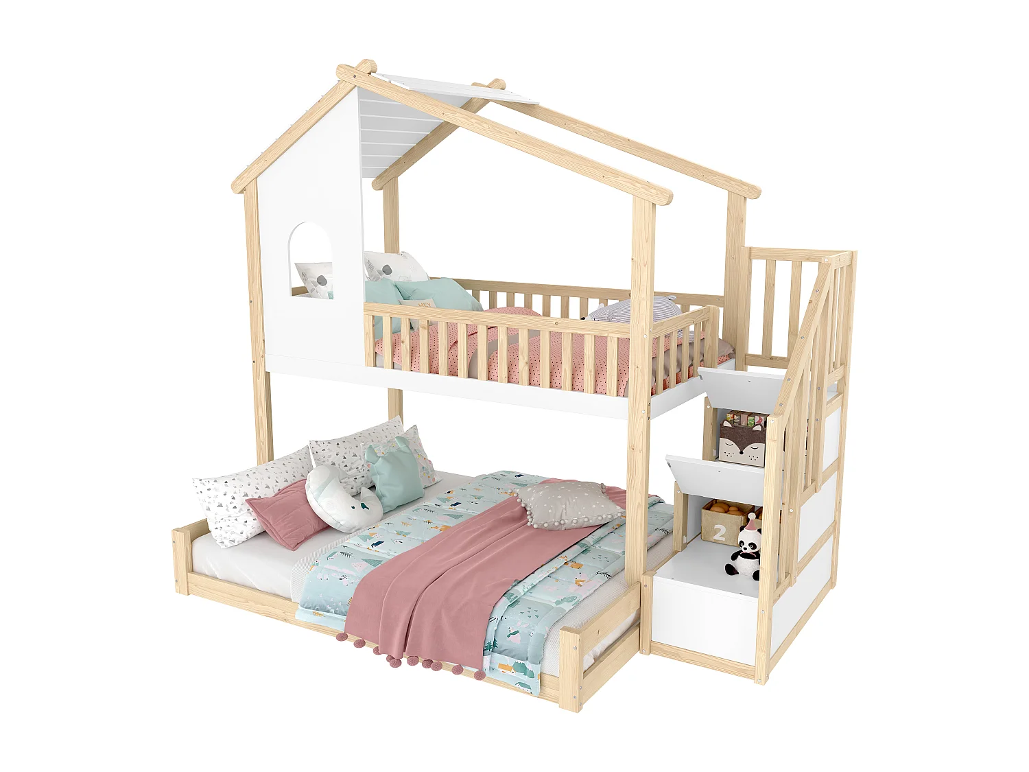 Lit superposé 90x200cm+140x200cm - Barrières de sécurité - Avec échelle de rangement - Naturel + Blanc (sans matelas)