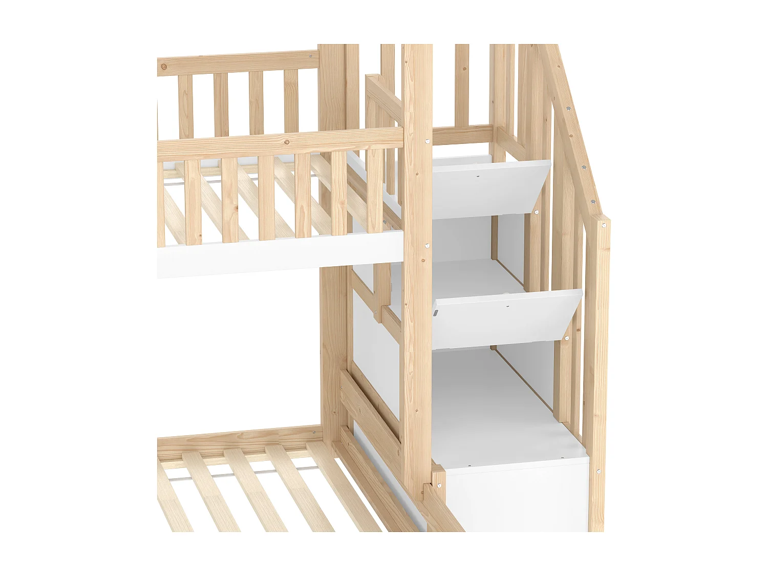 Lit superposé 90x200cm+140x200cm - Barrières de sécurité - Avec échelle de rangement - Naturel + Blanc (sans matelas)