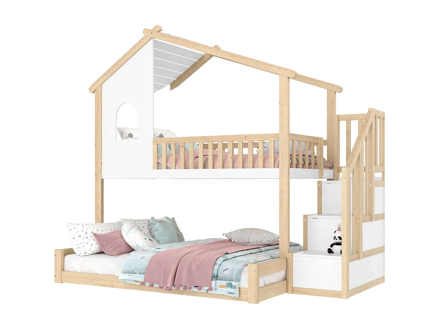 Lit superposé 90x200cm+140x200cm - Barrières de sécurité - Avec échelle de rangement - Naturel + Blanc (sans matelas)