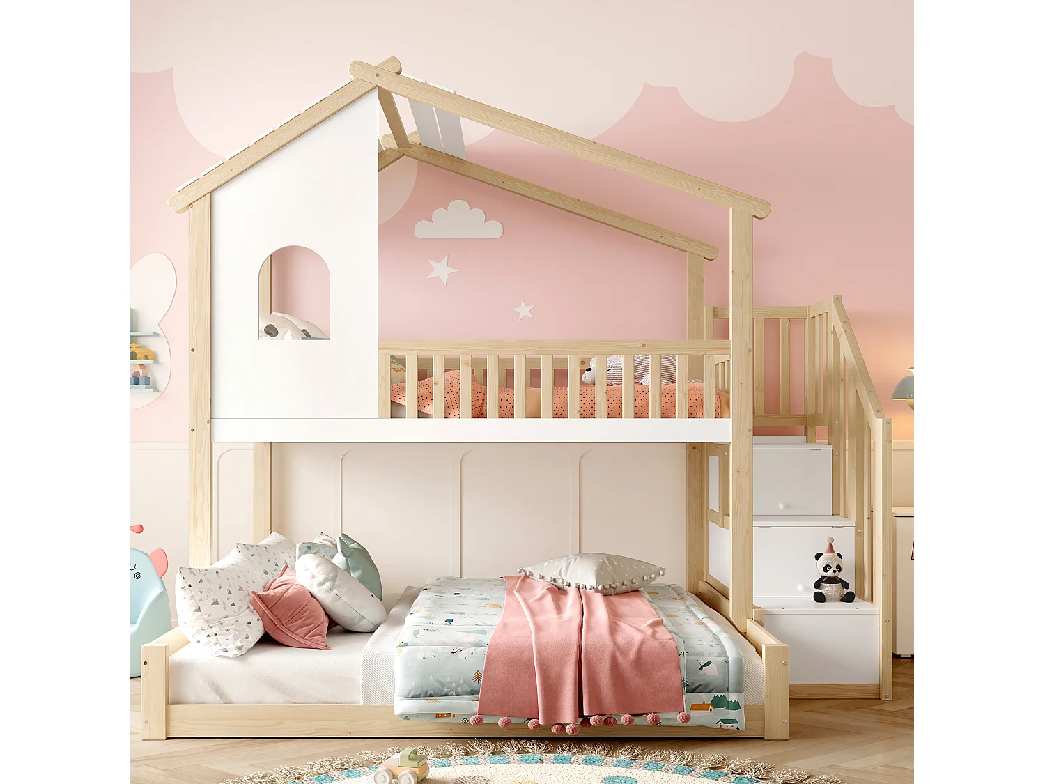 Etagenbett 90×200cm+140×200cm - Sicherheitsgitter - Mit Aufstiegsleiter mit Staufach - Natur + Weiß (ohne Matratze)