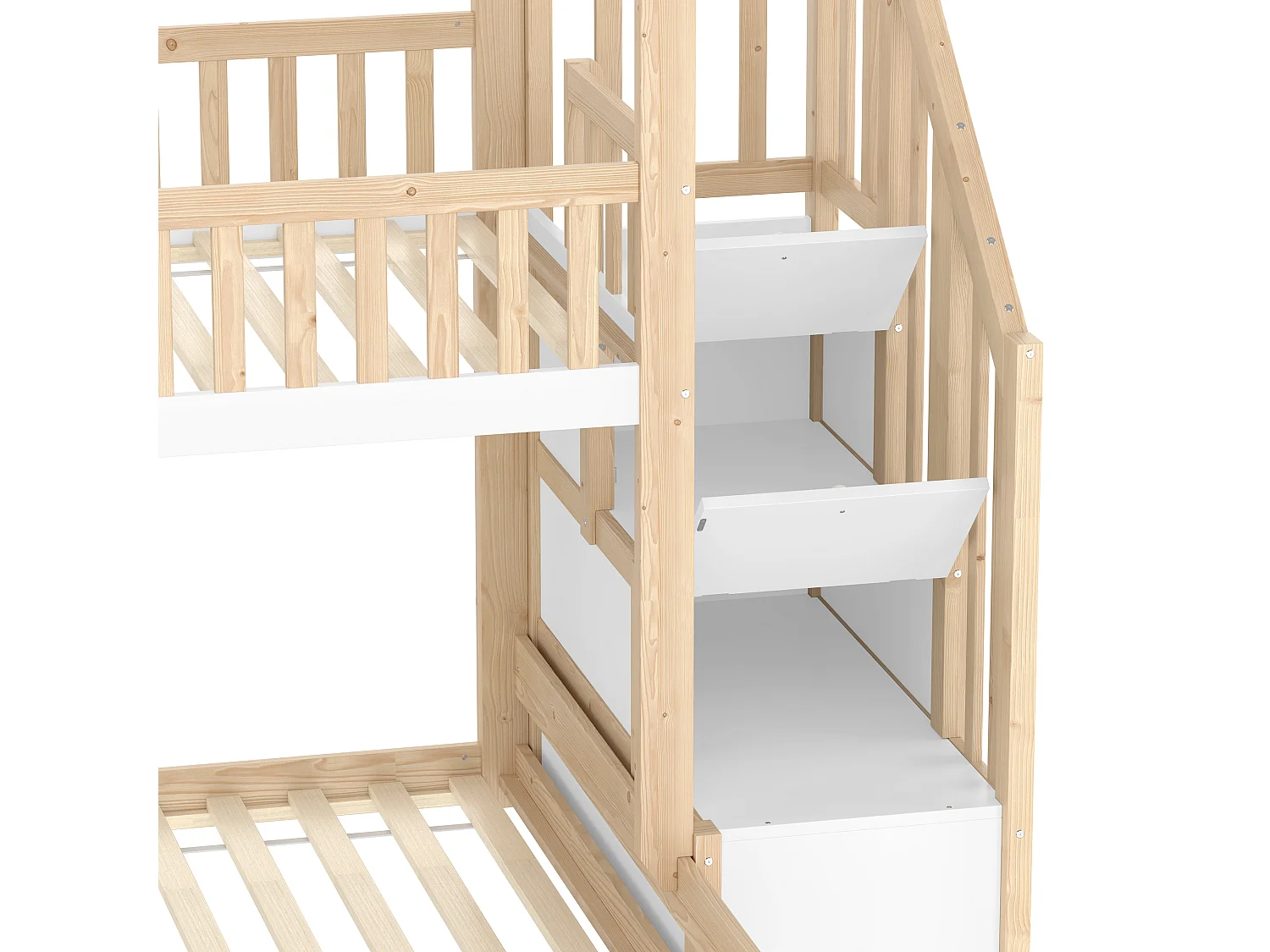 Etagenbett 90×200cm+140×200cm - Sicherheitsgitter - Mit Aufstiegsleiter mit Staufach - Natur + Weiß (ohne Matratze)